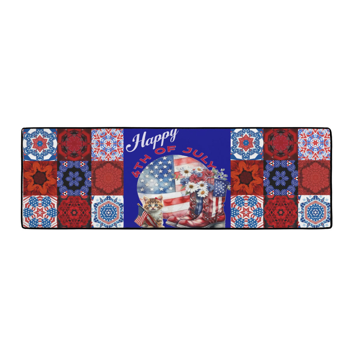Kitten and Boots 4th of July 48x16 inch Area Rug with Black Binding (Made in USA)