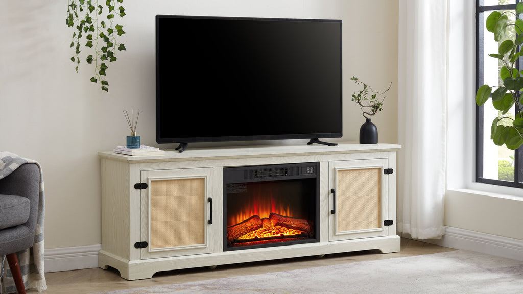 Natural Rattan Door Cabinet with Adjustable Shelf Wood, Farmhouse Rattan TV Stand Console Table for TVs up to 70 Inches, Storage tv stand with 23' fireplace insert, 65'W*15.55'D*23.86'H, White