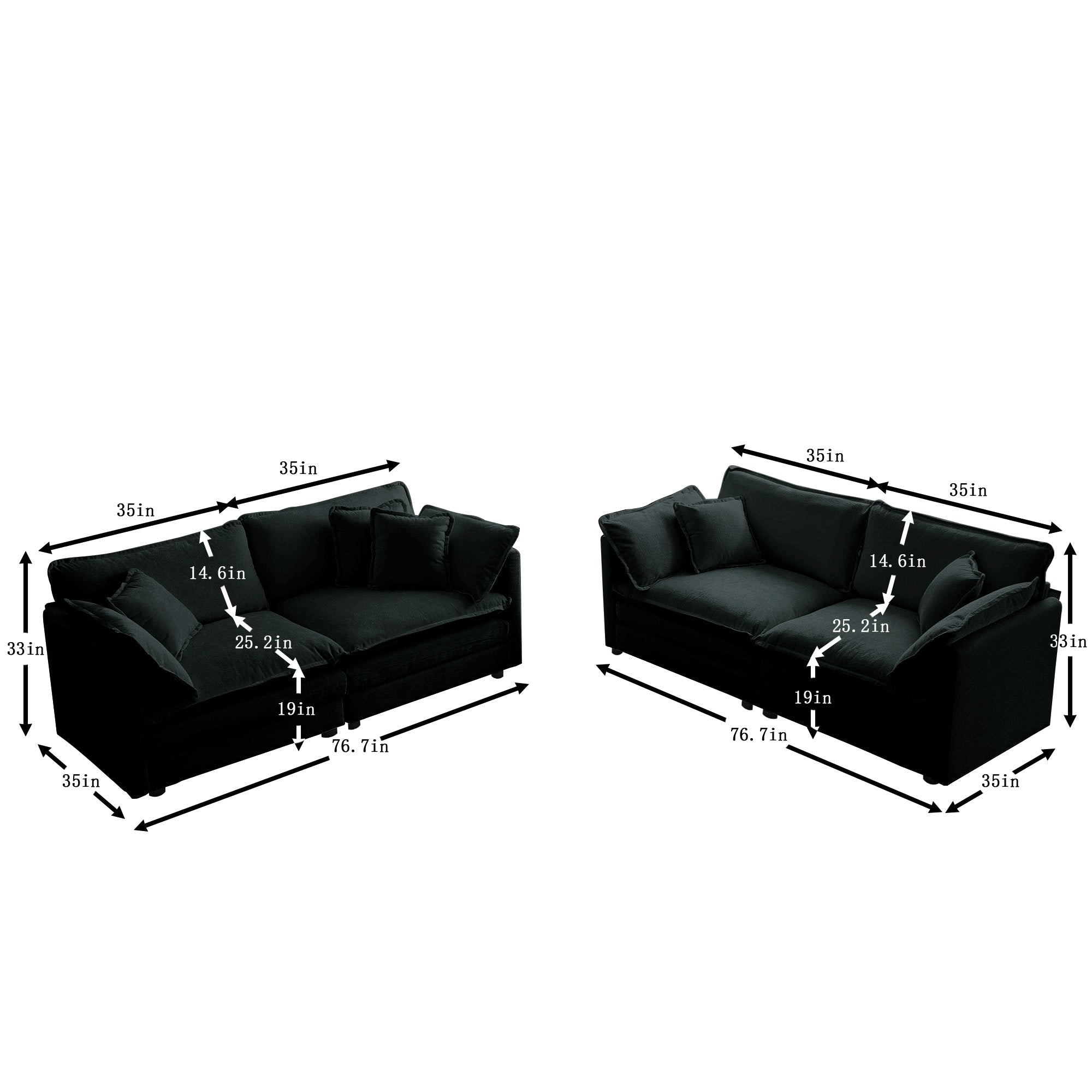 3 Piece Sofa Set Oversized Sofa Comfy Sofa Couch, 2 Pieces of 2 Seater and 1 Piece of 3 Seater Sofa  for Living Room, Deep Seat Sofa Black Chenille