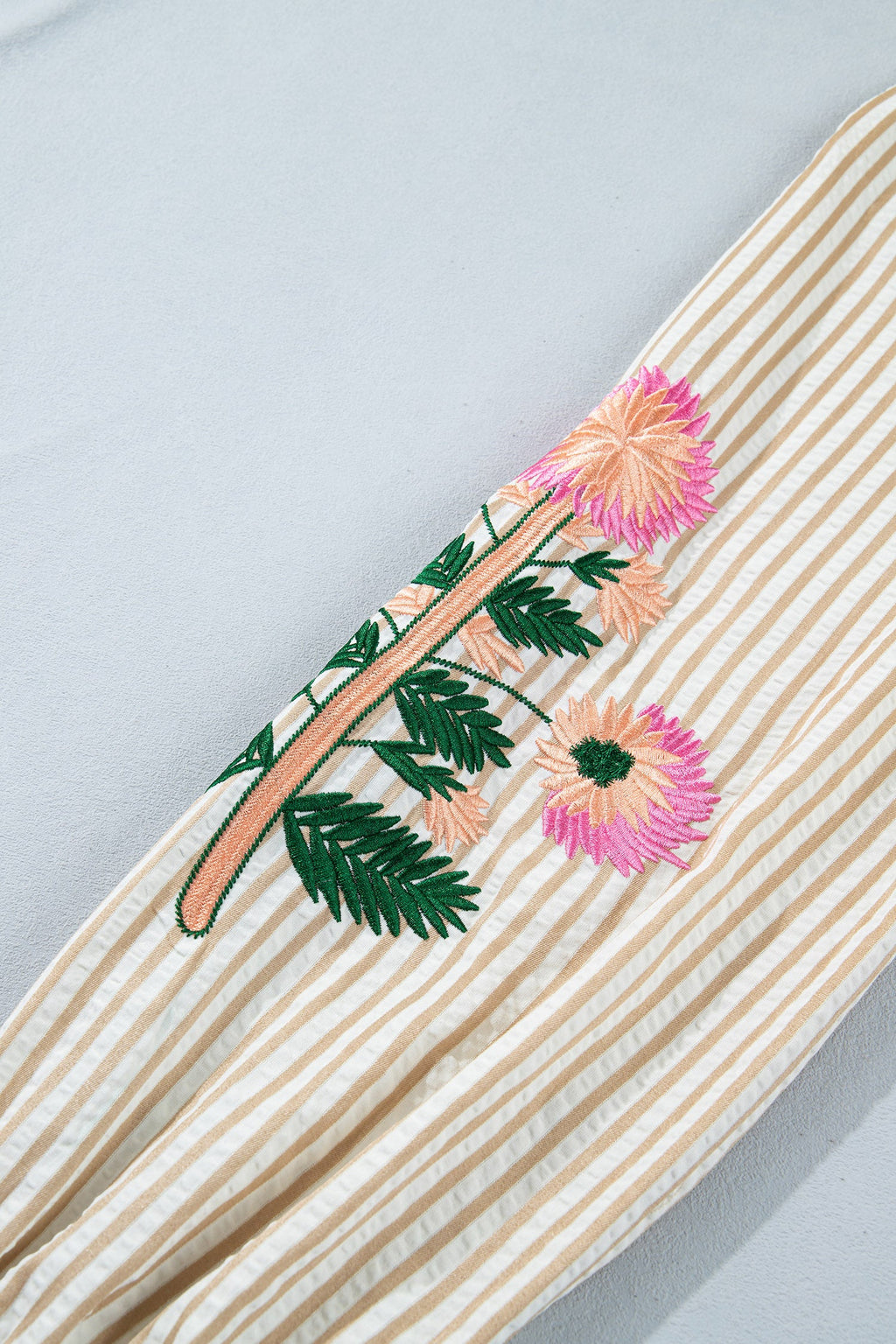 Floral Embroidered Stripe V-Neck Long Sleeve Blouse