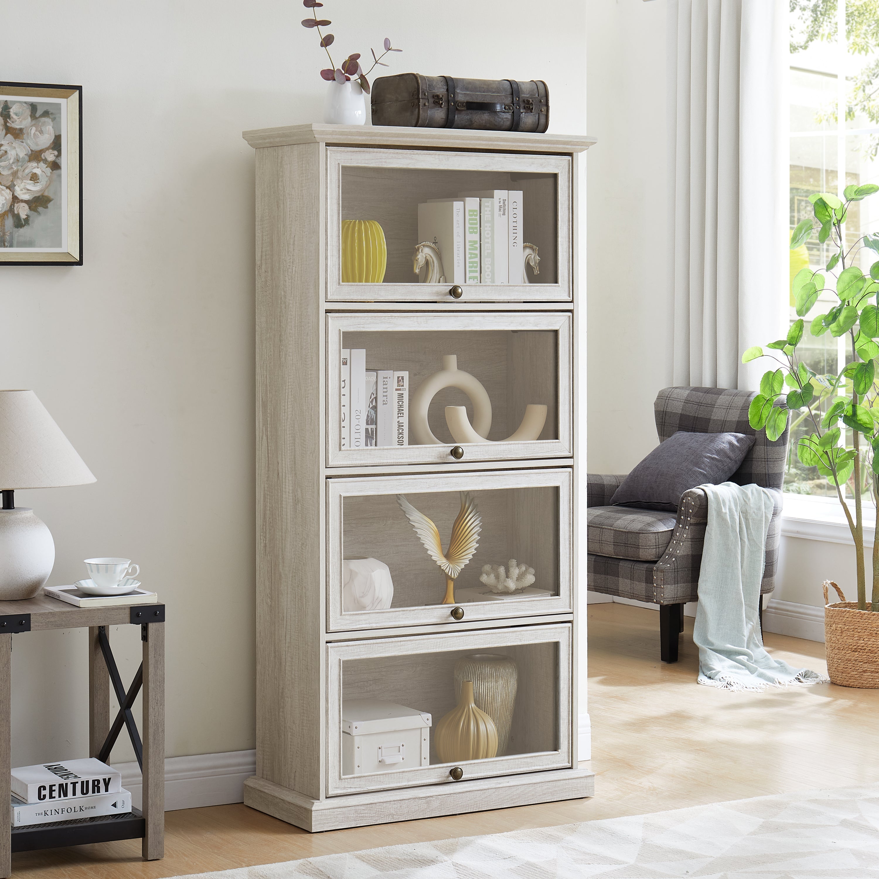 Glass display cabinet 4 Tier Glass Display Cabinet Storage Curio Cabinet with Flip up Glass Doors, Collectors Showcase Toy Figure Organizers Rack, Bookcase for Living Room White
