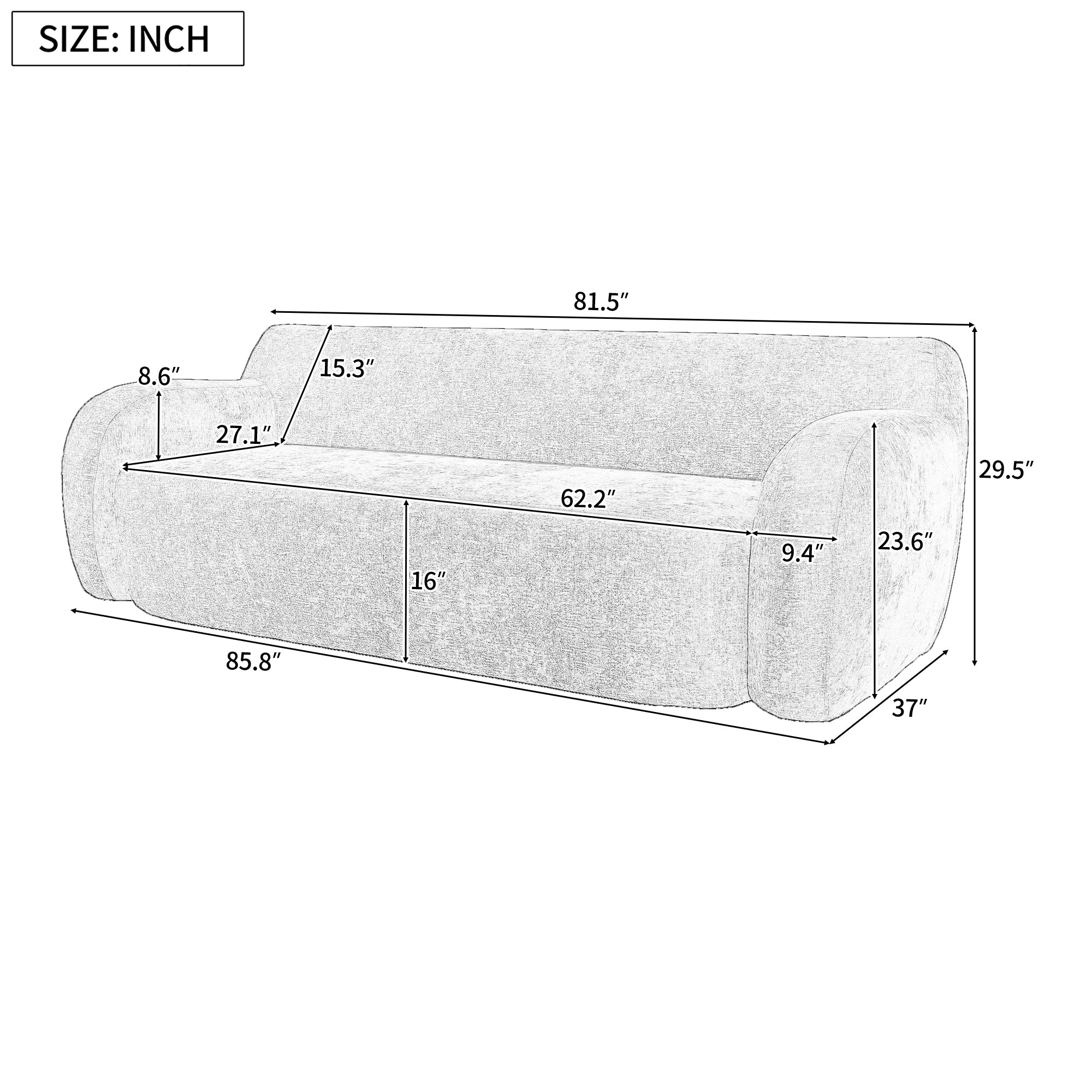 U_Style 81.5' Minimalist Compression Sofa, Curved Design, 3-Seater Casual Sofa for Living Rooms, Bedrooms, and Apartments