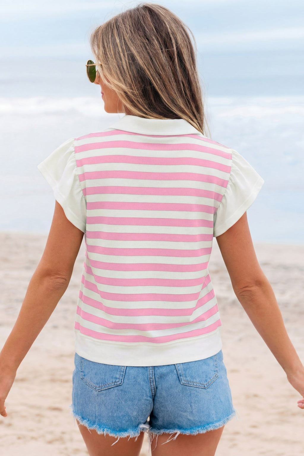 Stripe Collar V-Neck Ruffle Short Sleeve Blouse
