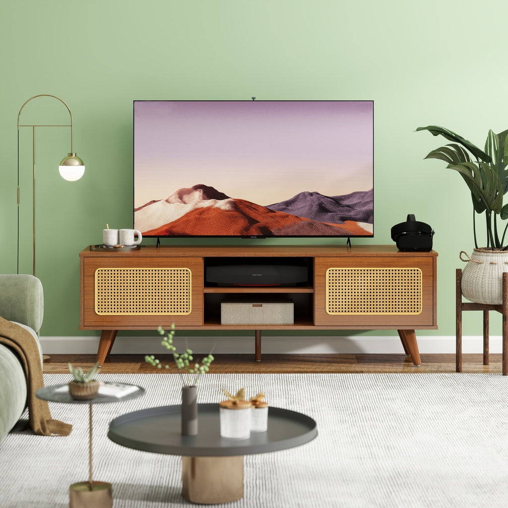 Mid Century Modern Rattan TV Stand for 55/60/65 inch TV , Entertainment Cabinet, Media Console for Living Room Bedroom Media Room, Solid Wood Feet & Rattan Cabinet Doors  (Walnut, 59')