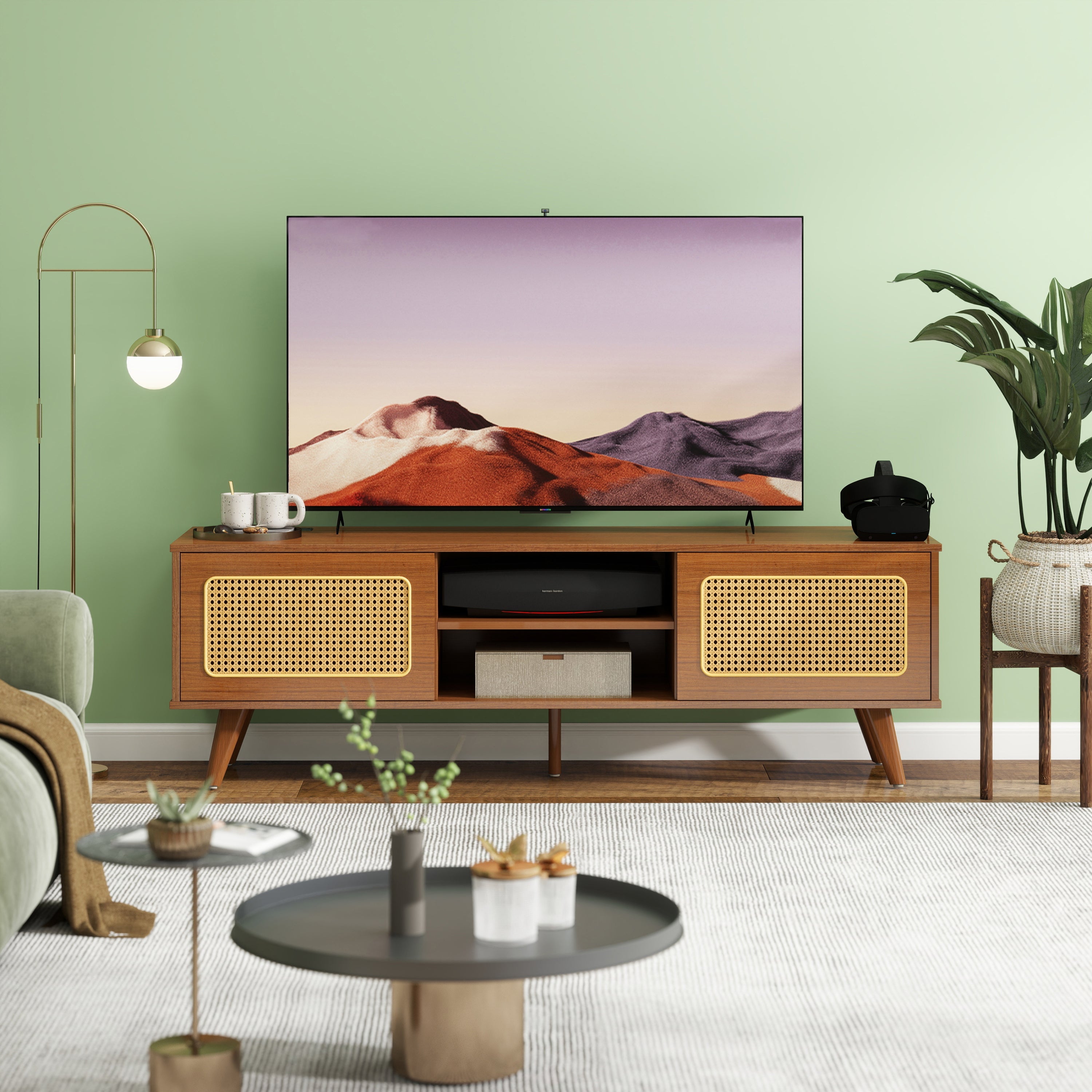 Mid Century Modern Rattan TV Stand for 55/60/65 inch TV , Entertainment Cabinet, Media Console for Living Room Bedroom Media Room, Solid Wood Feet & Rattan Cabinet Doors  (Walnut, 59')