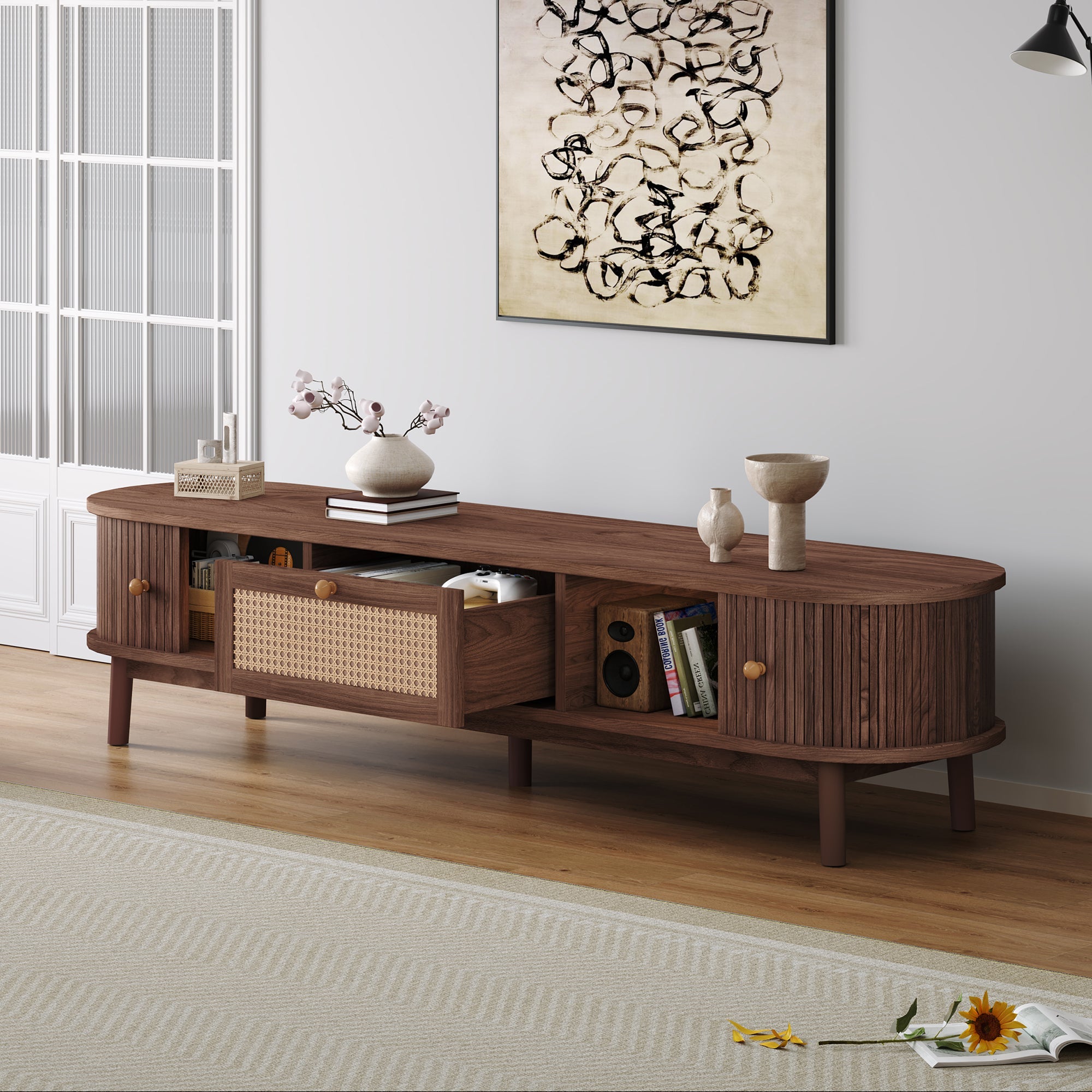 Modern Design TV Stand for 75' TVs, Media Console TV Cabinet with Rattan-Front Drawer for Living Room, 1 Drawer and 2 Sliding-Door Cabinets
