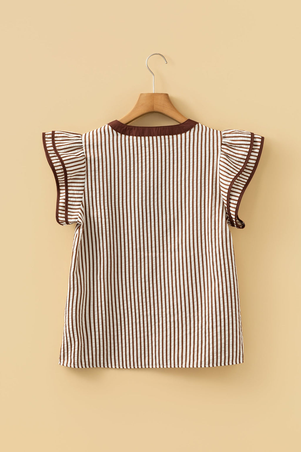 Double Stripe Ruffle Short Sleeve V-Neck Blouse