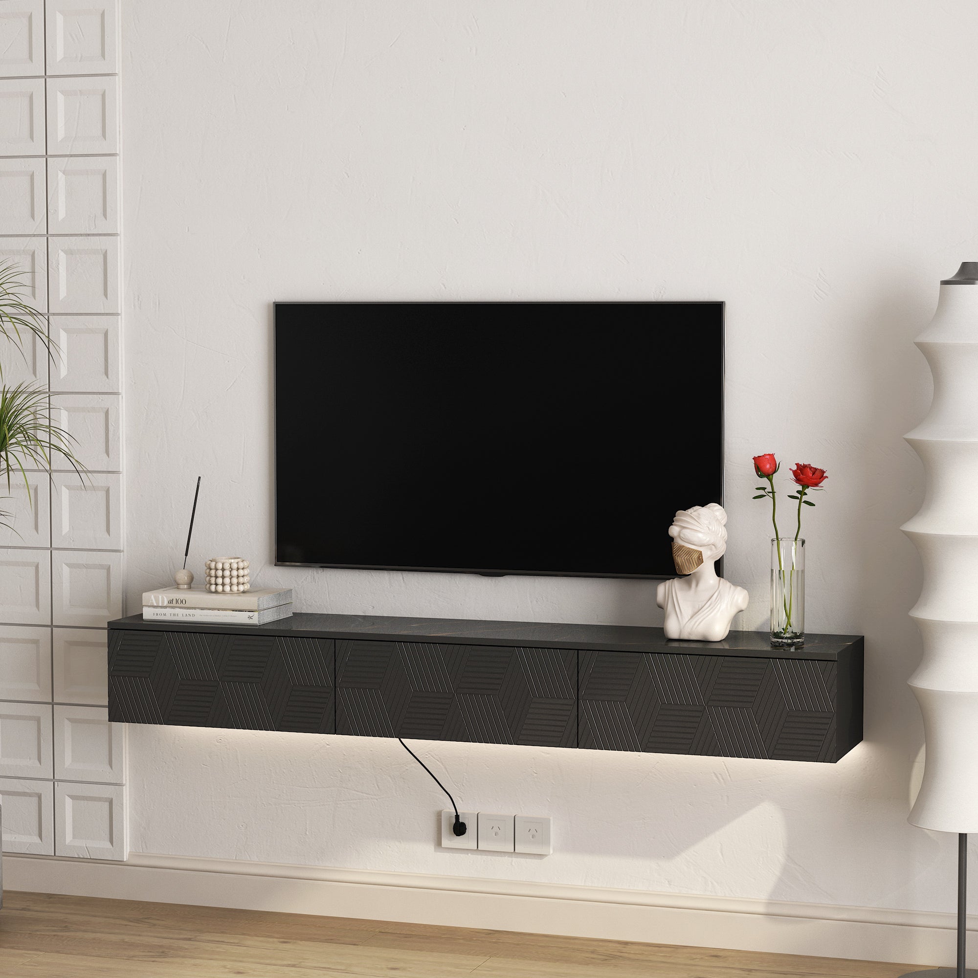 Floating TV Stand Wall Mounted with 16 Color LEDs,67' Modern TV Stand, Floating TV Cabinet Entertainment Center for 55 60 65 Inch TV,Black