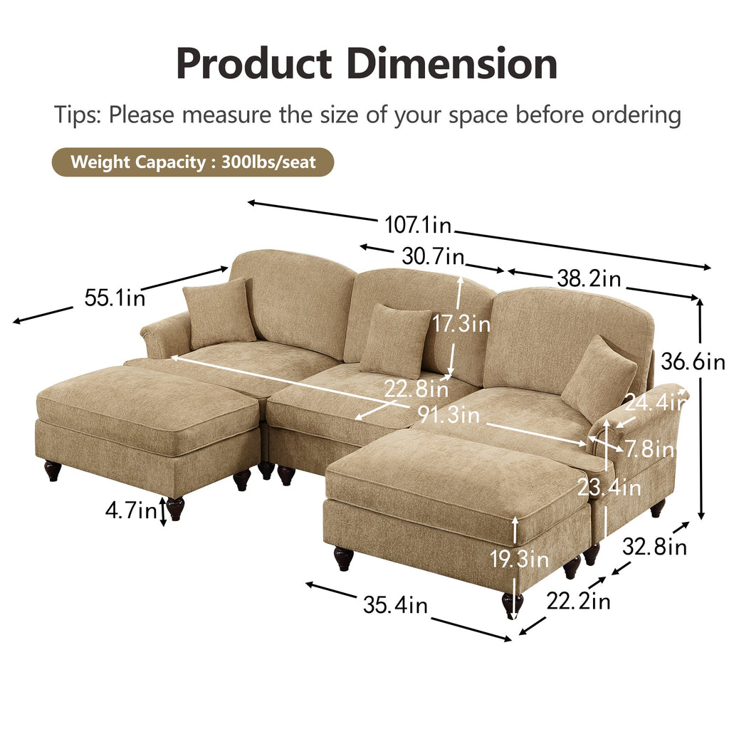Classic Comfy Modular U Shape Sectional Sofa Couch with Flared Arms and Removable Ruffles Pleats Skirts and Spindle Legs, Upholstered Chenille Deep Seat Cloud Sofa with Movable Ottomans, Light Coffee