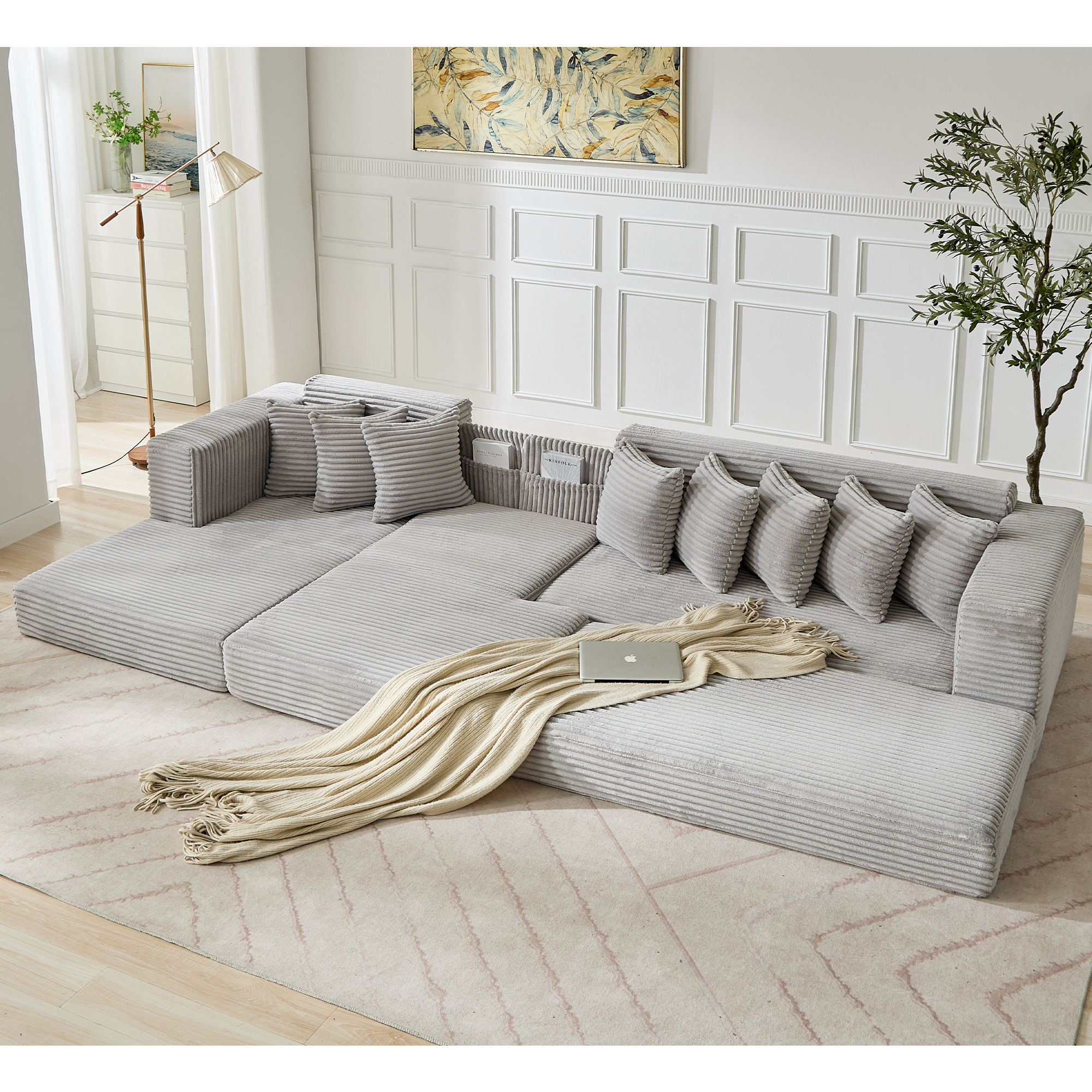 [NEW ARRIVED] [VIDEO PROVIDED]   Oversize Cloud Couch, L-Shape Sofa, Convertible Floor Sleeper Sofa Bed,  No Assembly ,Eight pillows,3-in-1,Side Pocket,(Left Facing Sofa),3 Seat,Corduroy,Light Gray