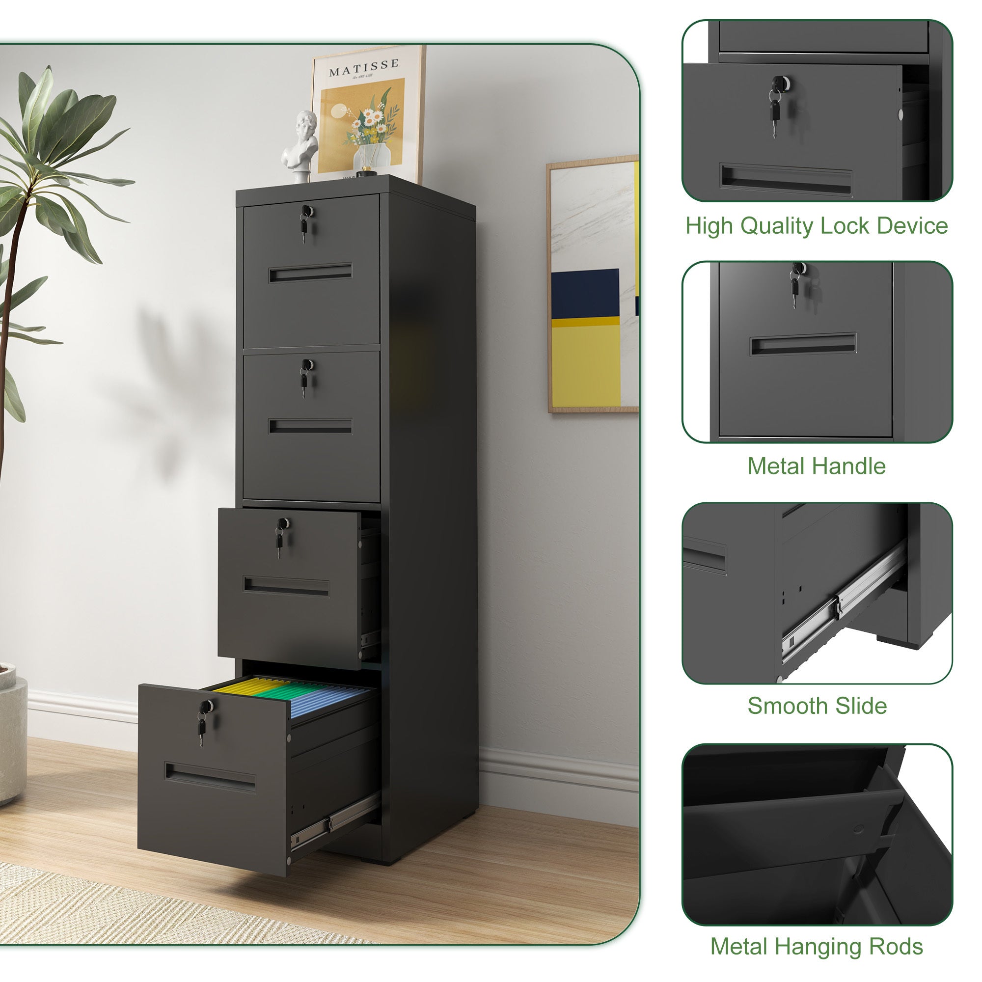 Modern Black 4 Drawer Metal Vertical Filing Cabinets with Lock for Home Office, Steel Construction, Letter/Legal/A4/F4 Size