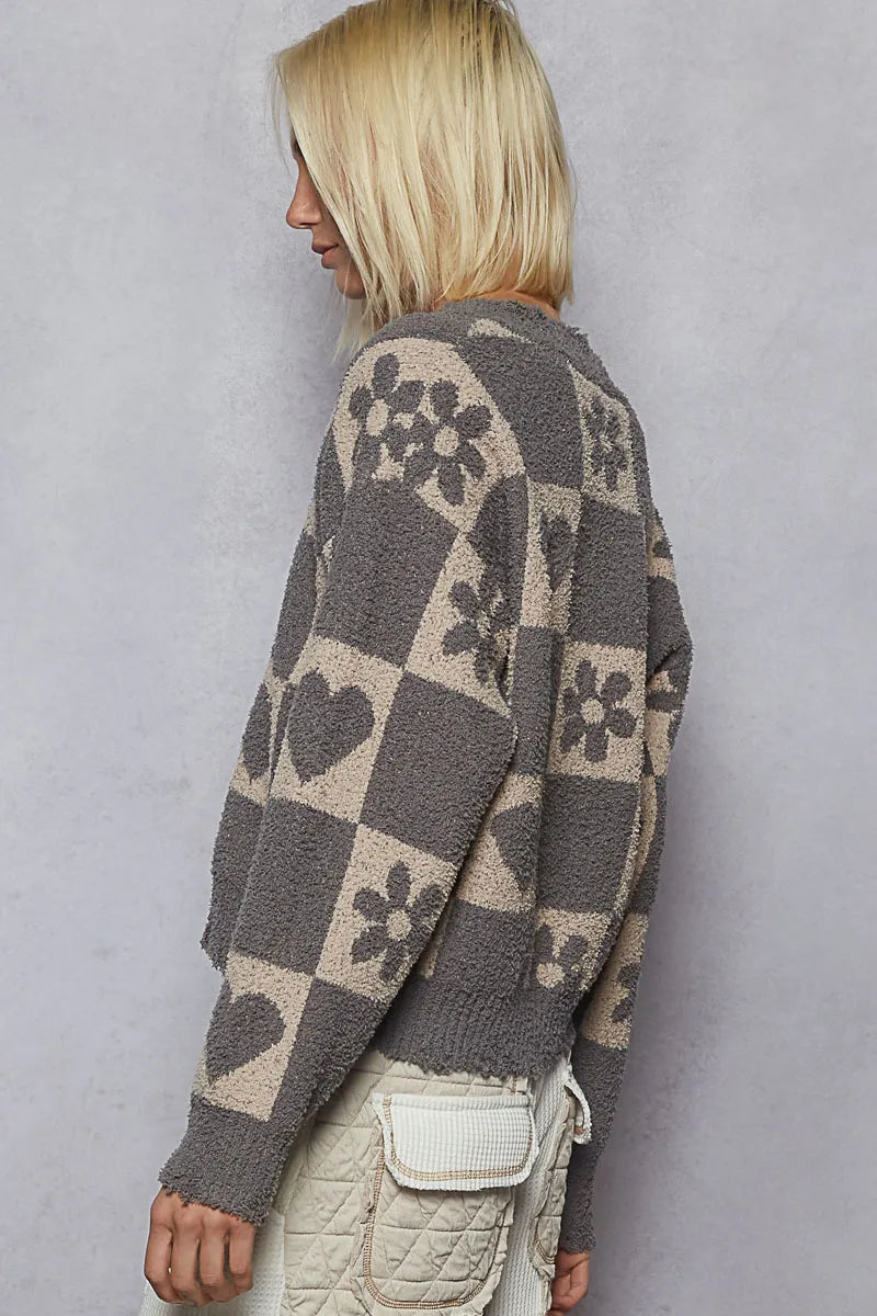 Pol V Neck Heart Pattern Checkered Sweater Oversized