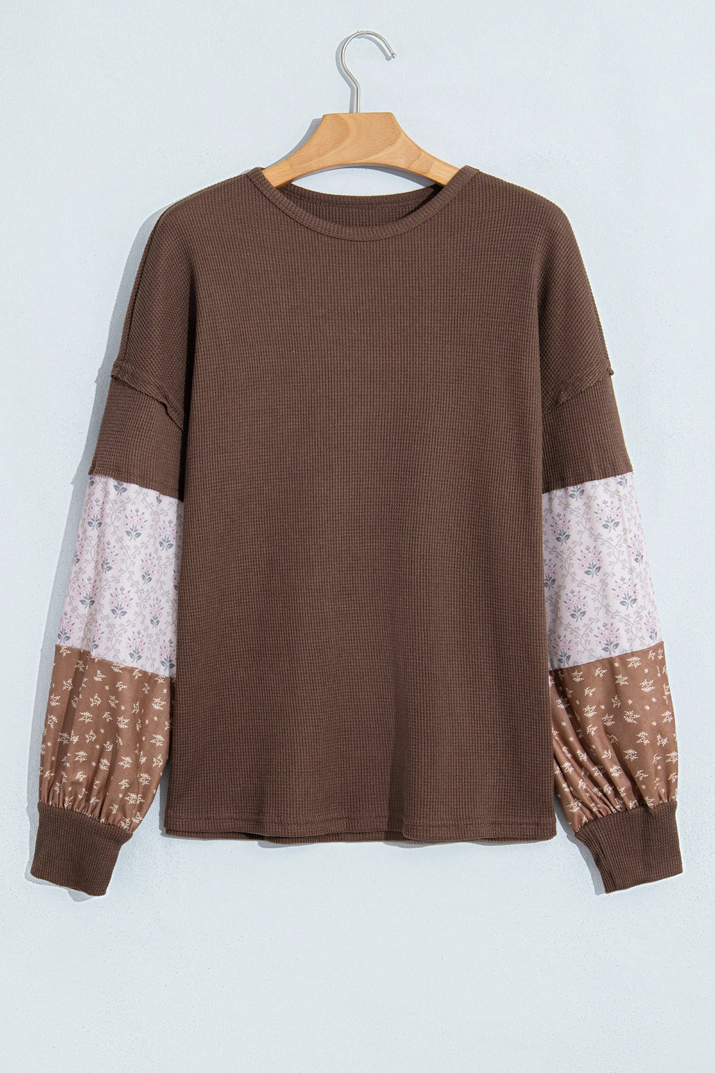 Plus Size Floral Patchwork Waffle Knit Long Sleeve Top