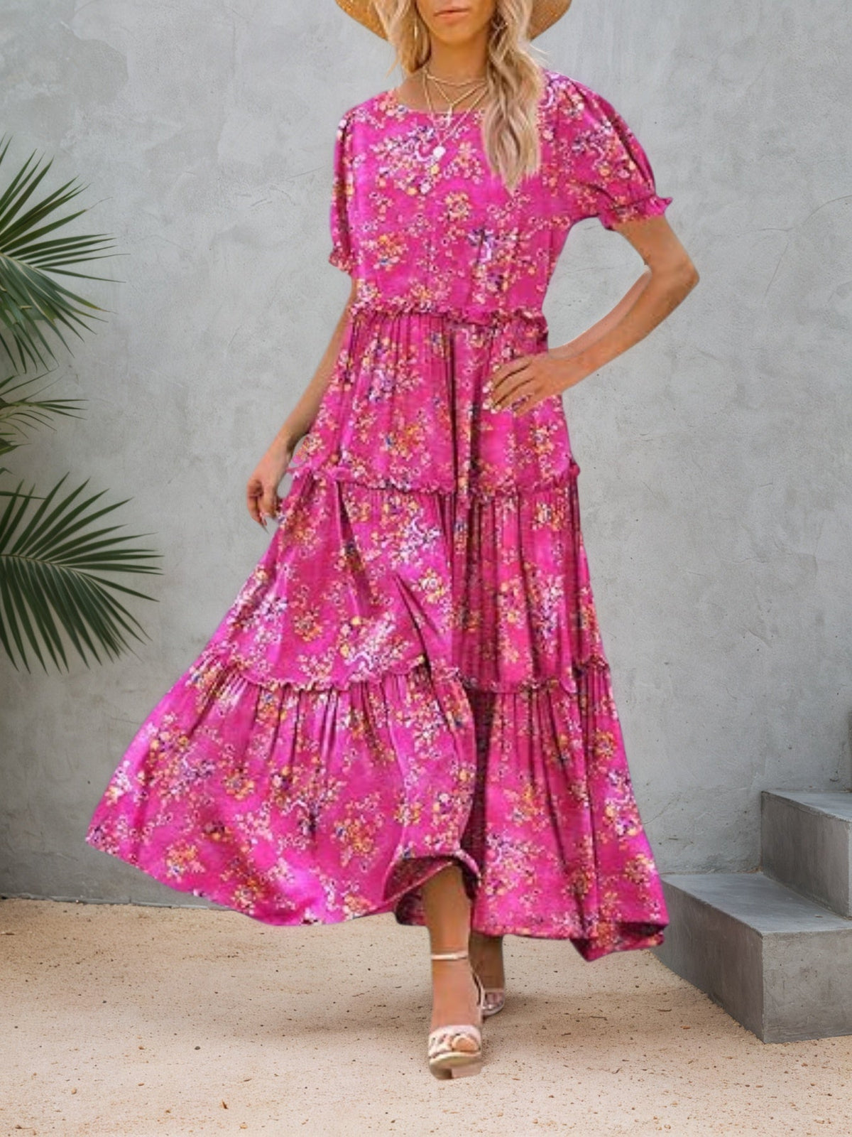 Women’s Pink Floral Summer Bohemian Short Sleeve Maxi Dress with Pockets
