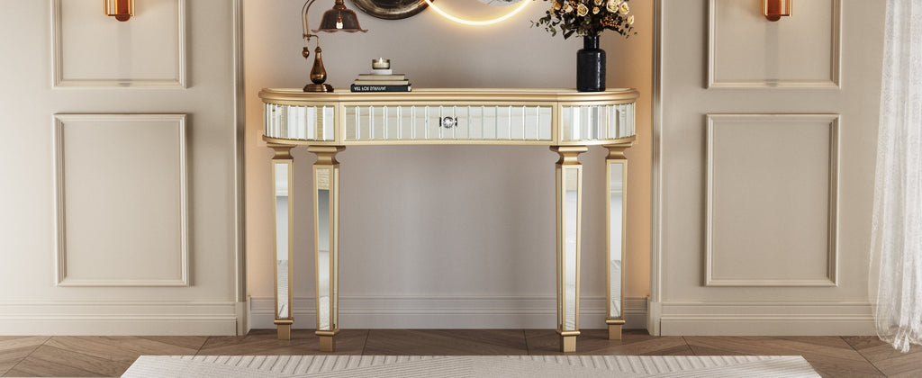 47' Half-Moon Mirrored Console Table with Fluted Glass & Crystal Knob Drawer - Silver Entryway Vanity Desk for Bedroom/Dressing Room(Gold+Sliver)