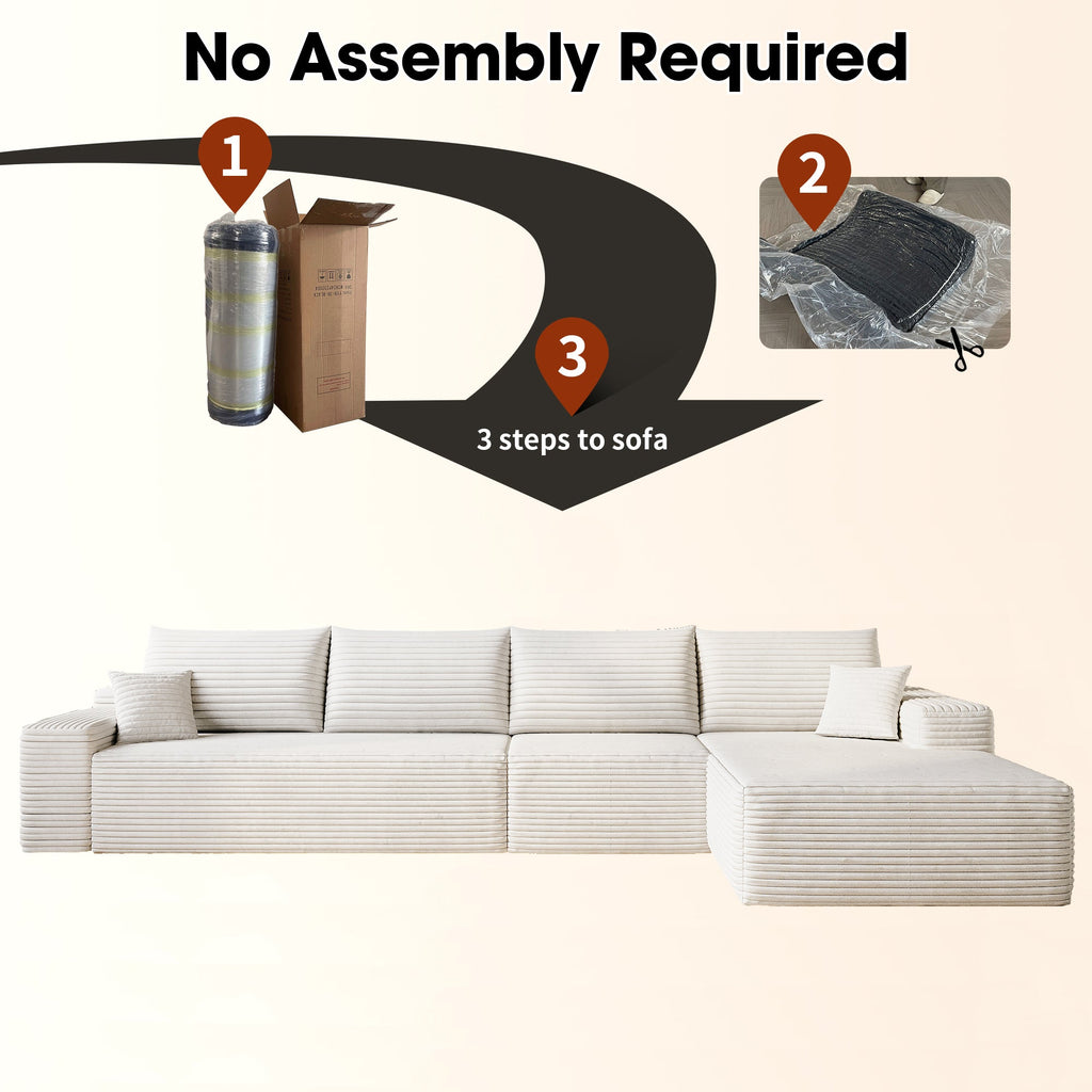 135' Cloud Sectional Couch with L-Shape Chaise,Modern Modular Sofa with Deep Seat, Upholstered Couches for Living Room Bedroom,No Assembly Required, (Plush Corduroy Fabric),White