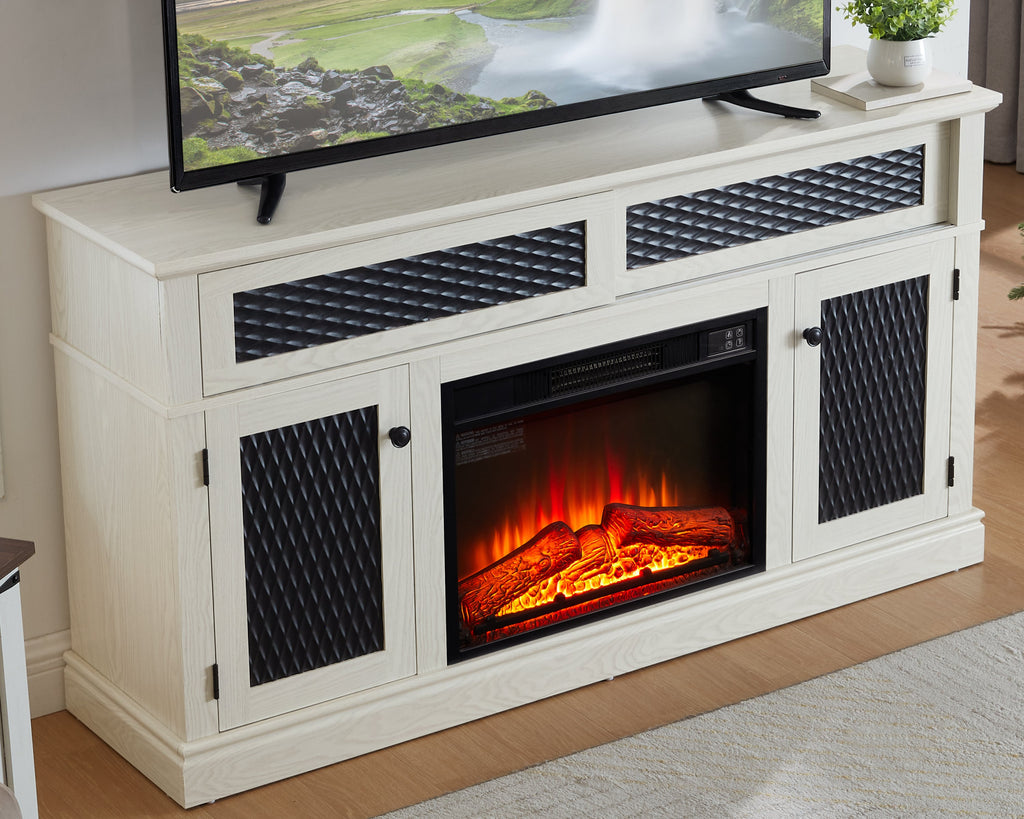 Embossed Pattern TV Stand with 23' fireplace insert,, TV and Media Console with Open and Closed Storage Space and sliding door for Living Room & Bedroom,White, 58.27'W*15.35'W*31.7H