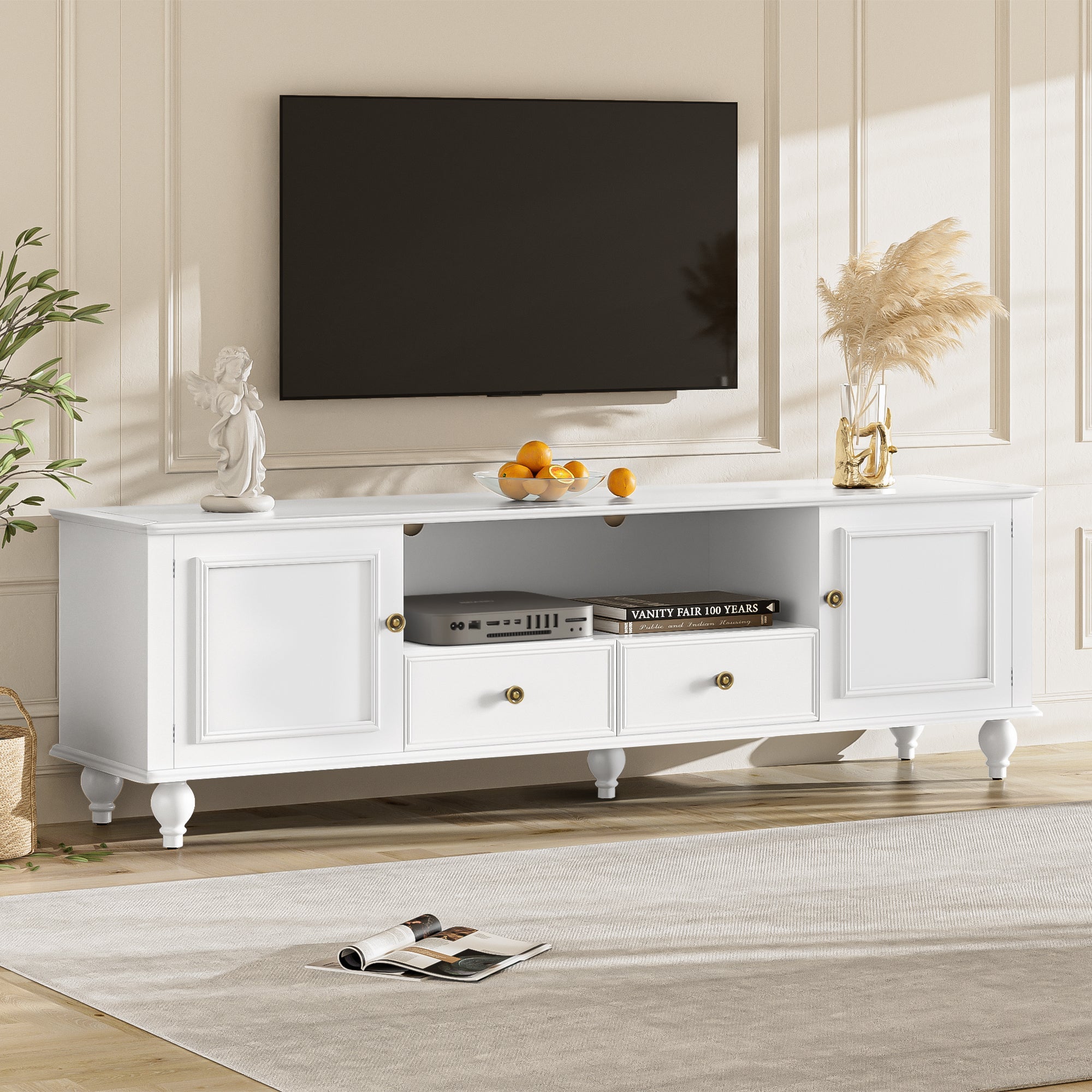 U-Can 70.9'' Modern TV Stand for TVs up to 80 Inches, Entertainment Center with Open Compartment, TV Storage Cabinet with 2 Drawers, 2 Cabinets and 5 Solid Legs for Living room
