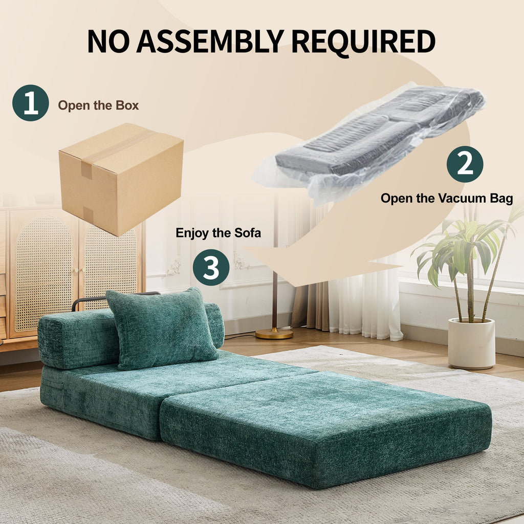 Compression Sofa,Convertible Floor Sofa Bed with Fixed-Shape Frame,Single Seater Boneless Modular Sectional Sofa,No Assembly Required,Chenille fabric,for Living Room Bedroom,Dark Green