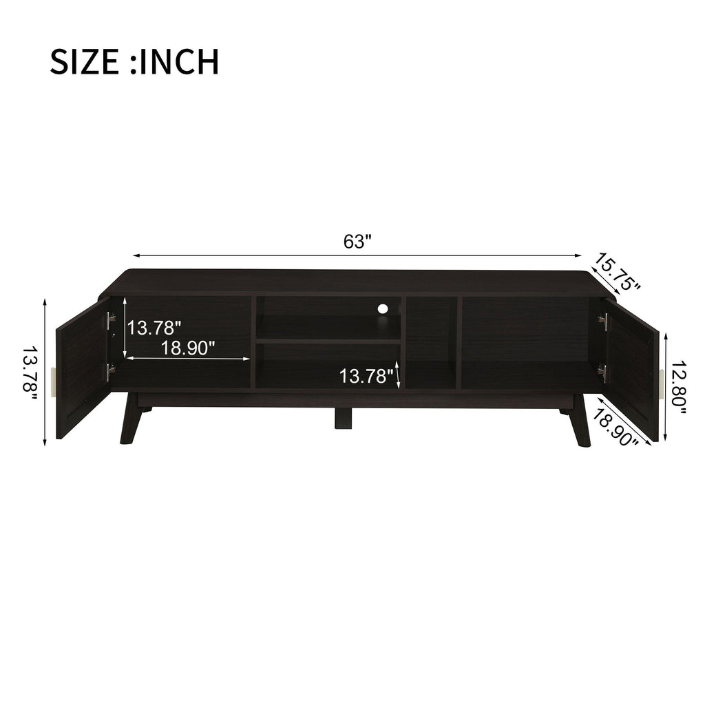 63'' Dark Rattan TV Stand with 2 Storage Cabinets for 65 Inch TV, Entertainment Center with Solid Wood Legs, Media Console Table for Living Room, Bedroom