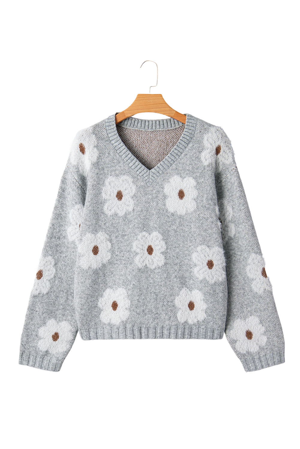 Floral V-Neck Drop Shoulder Baggy Sweater
