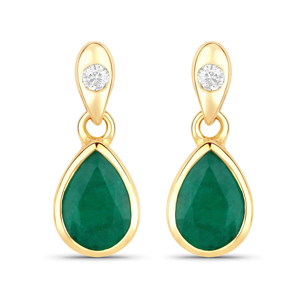 1.35 Carat Genuine Zambian Emerald and White Diamond 14K Yellow Gold Earrings