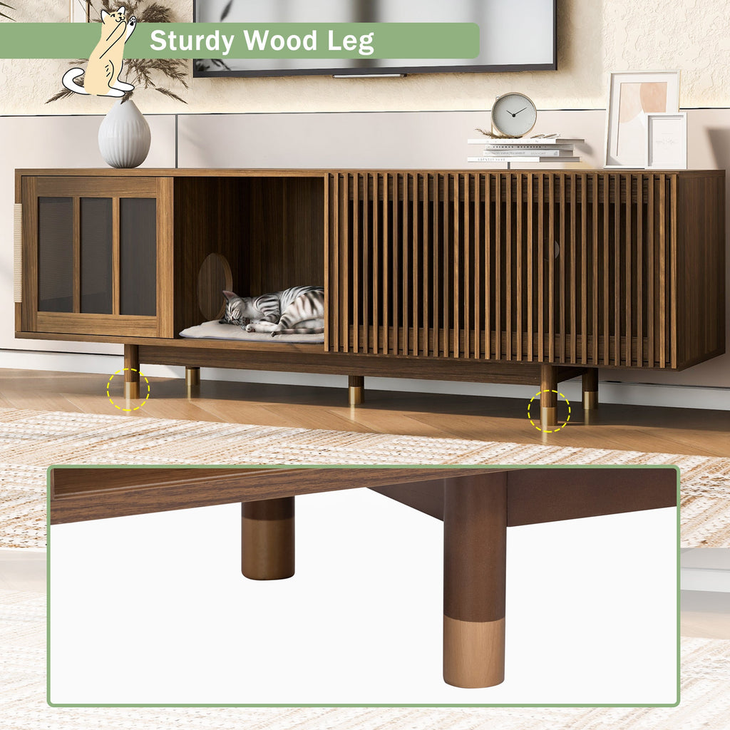 Mid-Century Modern style 2 IN 1 Cat Furniture Walnut TV STAND with Cat Scratcher, Cat house With Sliding Flip-down glass door