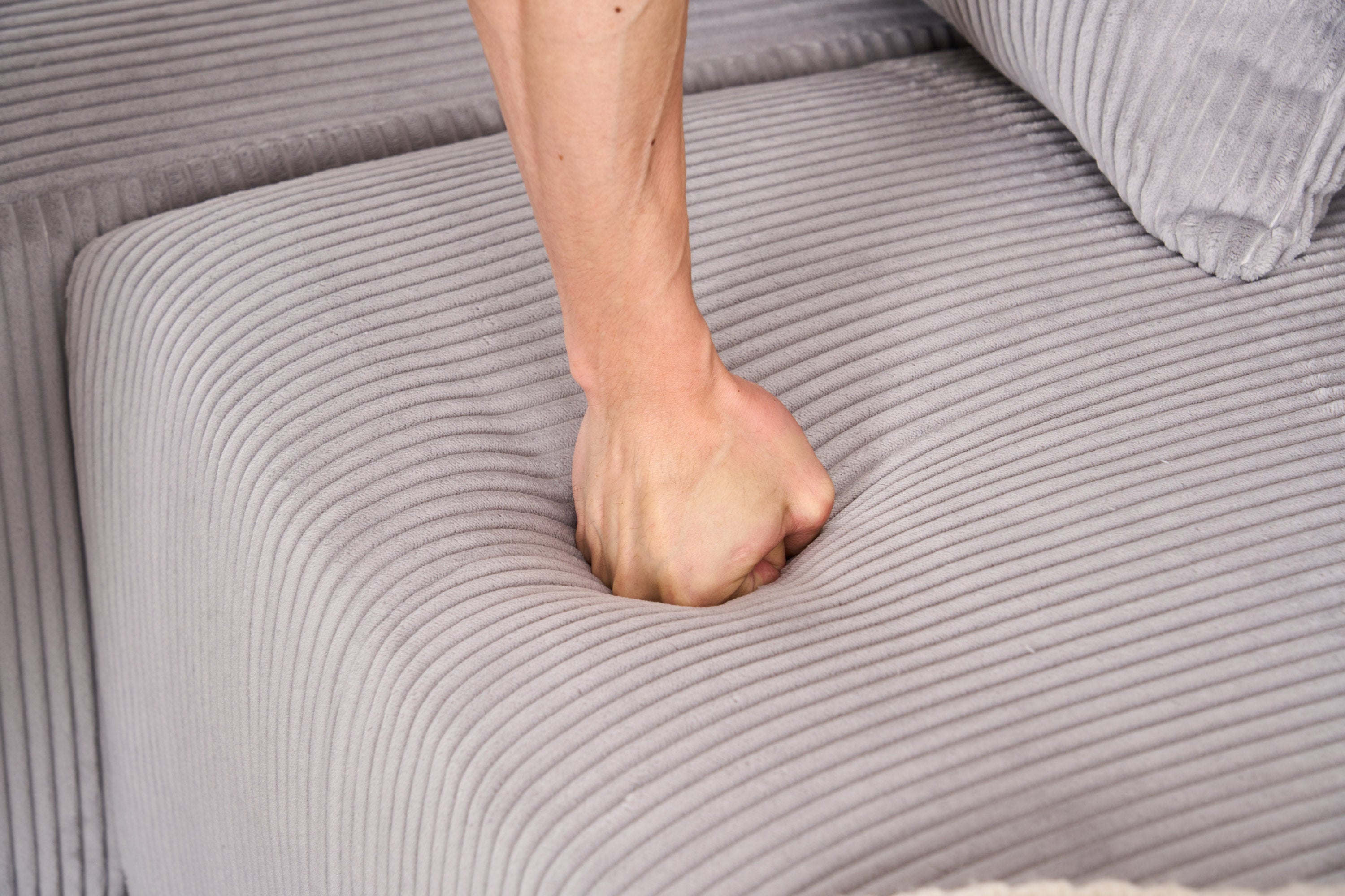 LY-023 LIGHT GREY COMPRESSION SOFA: Combining chaise longue with 3-seater, Corduroy Fabric, full sponge compression sofa,combined sofa with 4 pillows for living/ Home Furniture/ Apartment