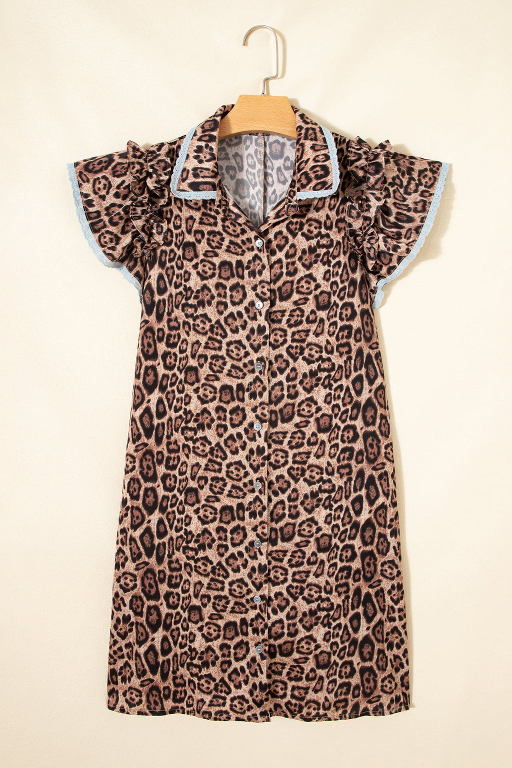 Leopard Lace Trim Collar Button Down Mini Dress