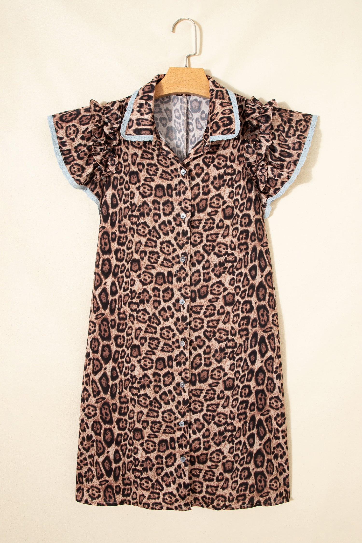 Leopard Lace Trim Collar Button Down Mini Dress