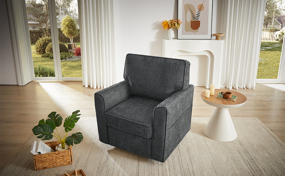 360° Swivel Chair Accent Barrel Armchair with Side Pockets, Grey Chenille, Compact Design for Living Room, Bedroom, Office