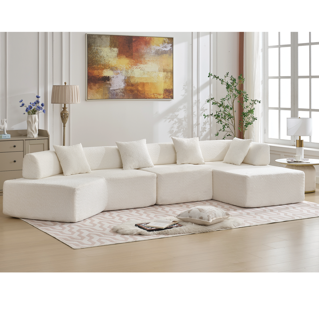 [NEW ARRIVED] [VIDEO PROVIDED]Modern Minimalist 140' L-Shape Couch ,No Assembly Required,Boucle,Modular Sofa ,Couch with Chaise,Free Combination Foam-Filled Sofa, 4 Seats,White