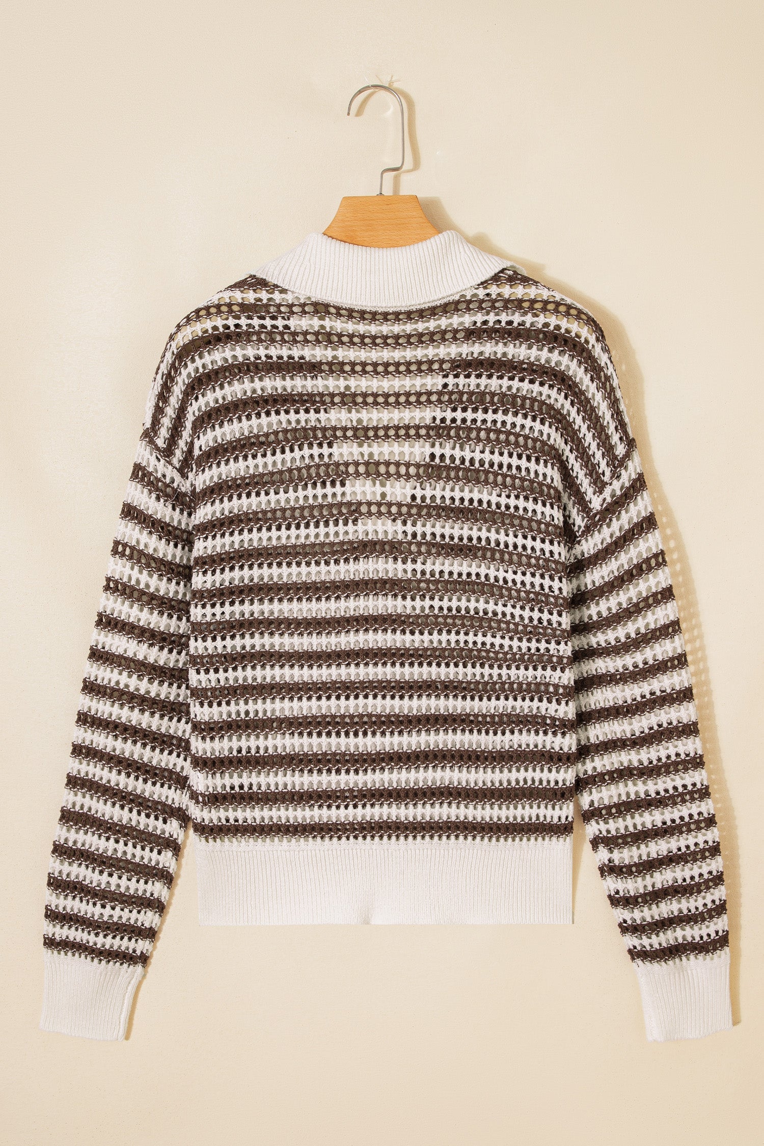 Stripe Eyelet Contrast Collared V-Neck Sweater