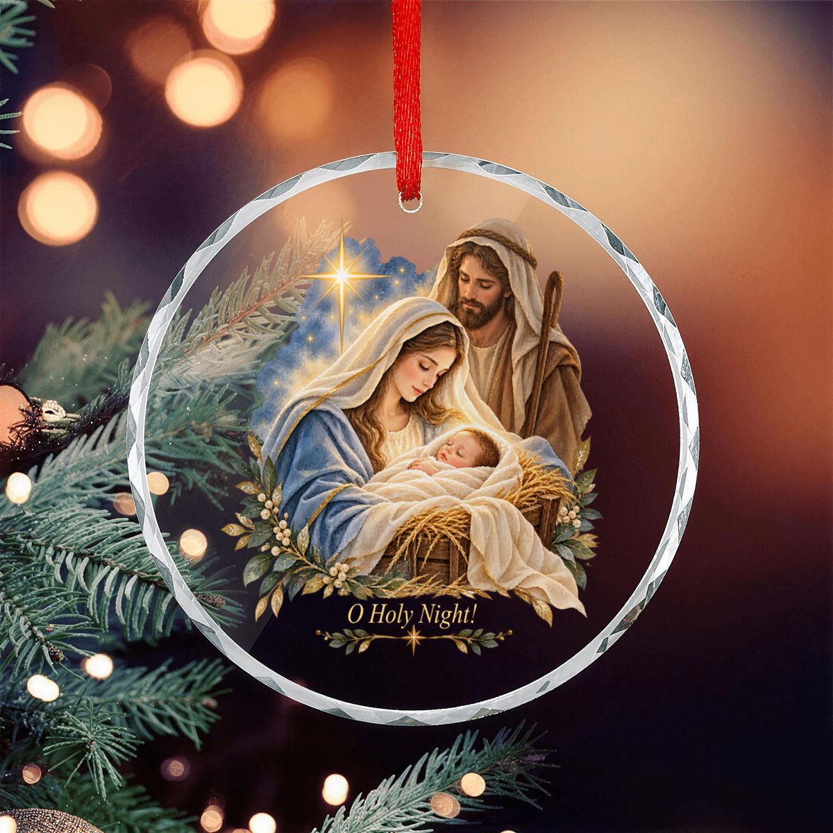 O Holy Night Baby Jesus Round Glass Christmas Ornament