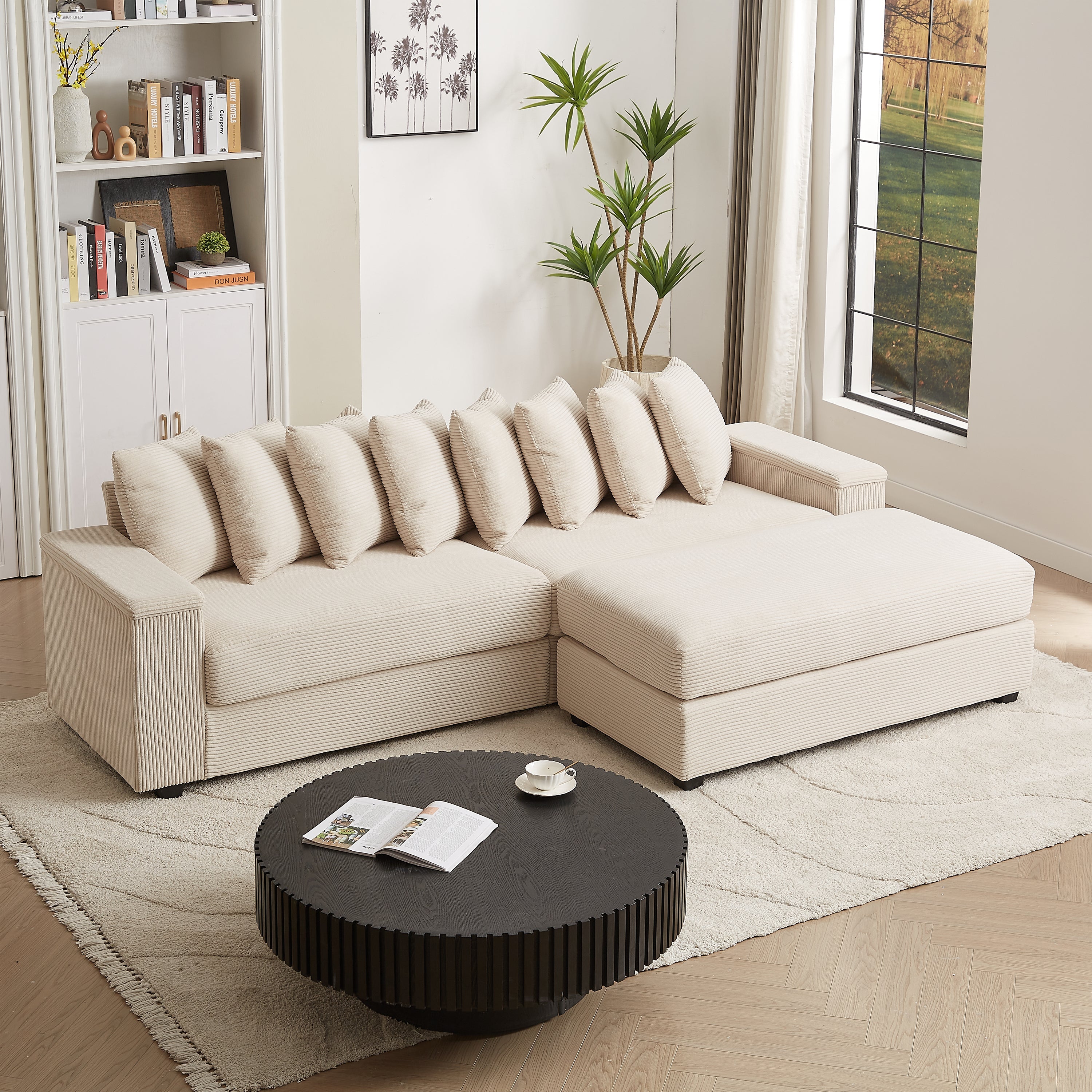 Luxe Oversized L Shaped Sofa with Chaise,Comfy Corduroy L Shaped Sectional Couches with 8 Pillows and Two Armrest storage space,Soft Fluffy Upholstered Sofa Bed for Living Room Apartment Bedroom