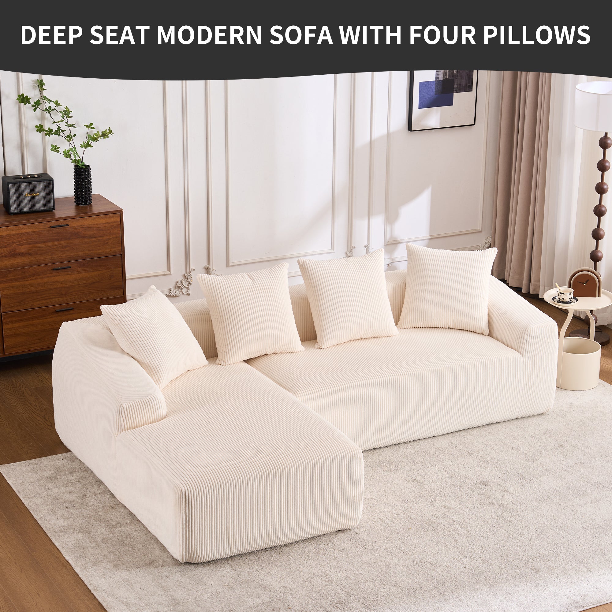 LY-023 WHITE COMPRESSION SOFA: Combining chaise longue with 3-seater, Corduroy Fabric, full sponge compression sofa,combined sofa with 4 pillows for living/ Home Furniture/ Apartment