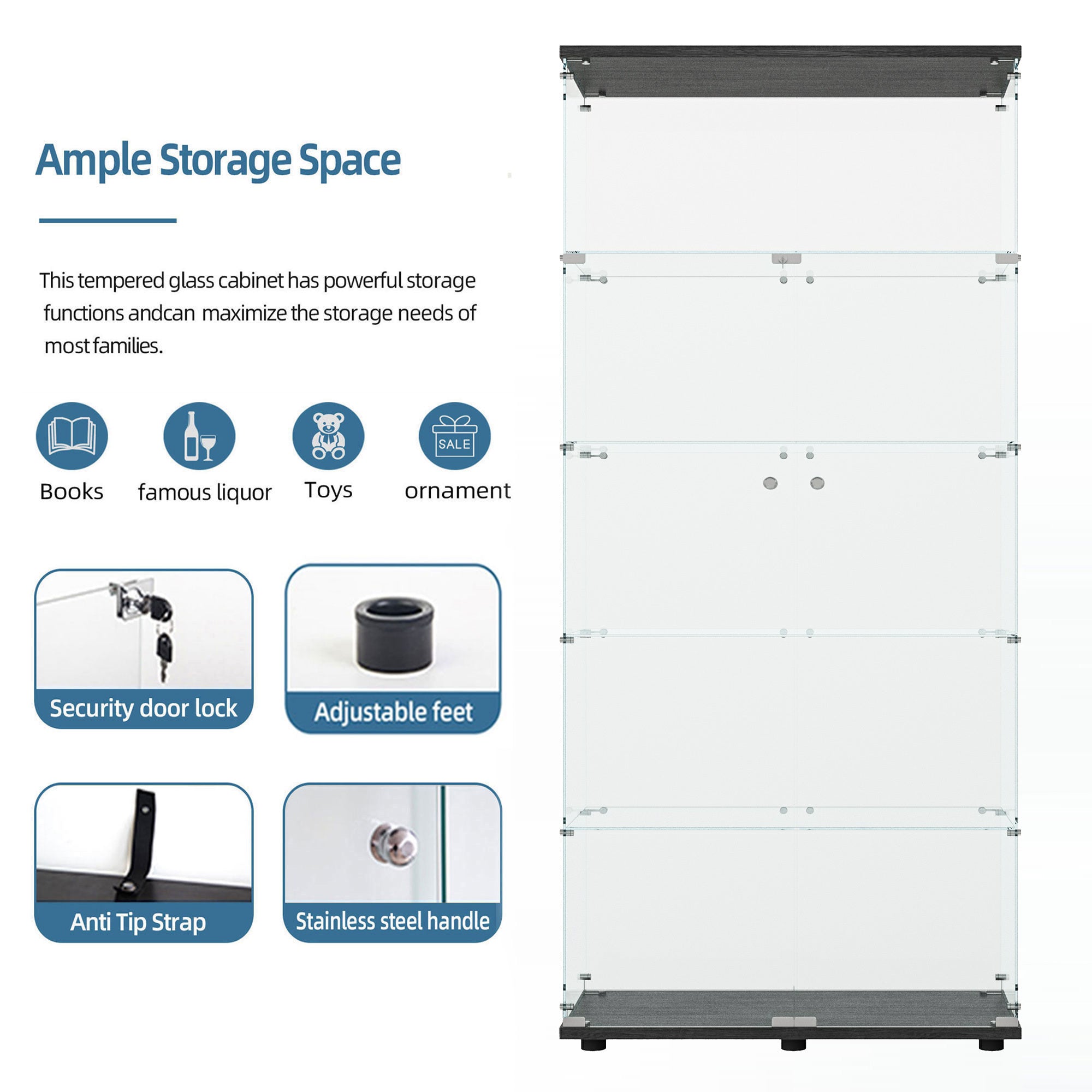 Tempered glass display cabinet,liquorcabinet,storagecabinet,filecabinet,with paipai lights,with locks,bottom equipped with adjustable feet,suitable for uneven,living room bedroom,corridor,office,black