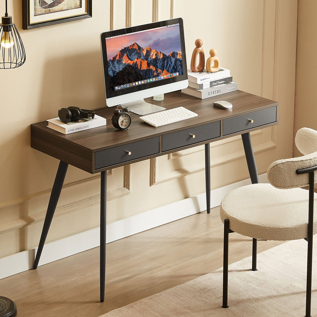 Mid Century Desk , Modern Writing Study Desk with Drawers, Multifunctional Home Office Computer Desk Walnut+Dark Grey