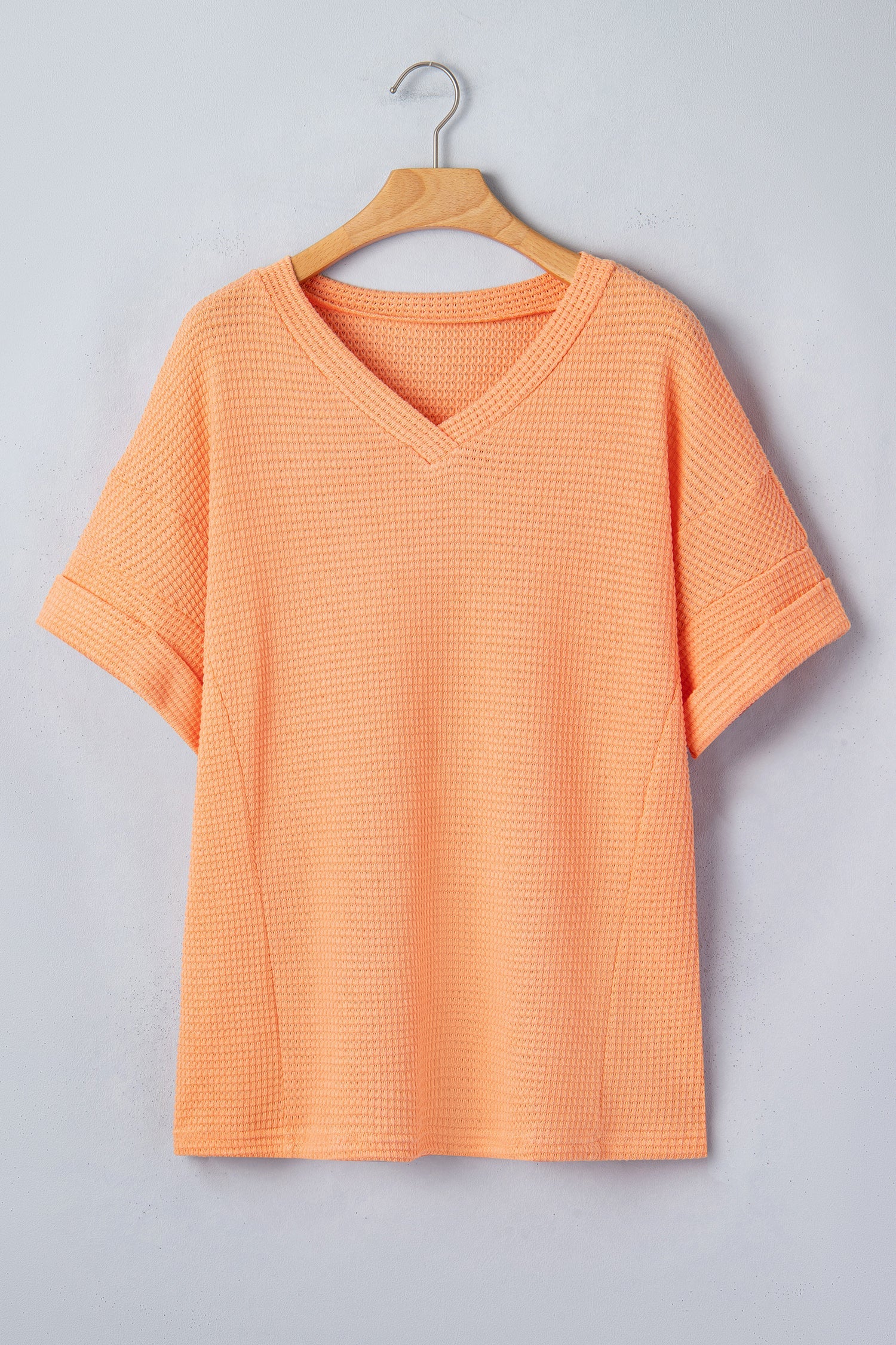 Solid Waffle Knit V-Neck Short Sleeve Top