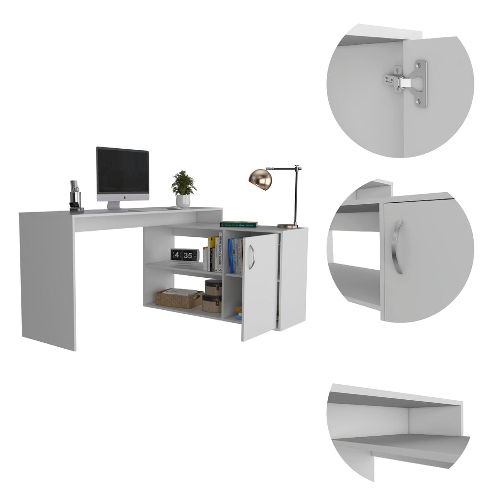 L-Shaped Desk, Single Door Cabinet, Two Open Shelves, Two Interior Shelves, White