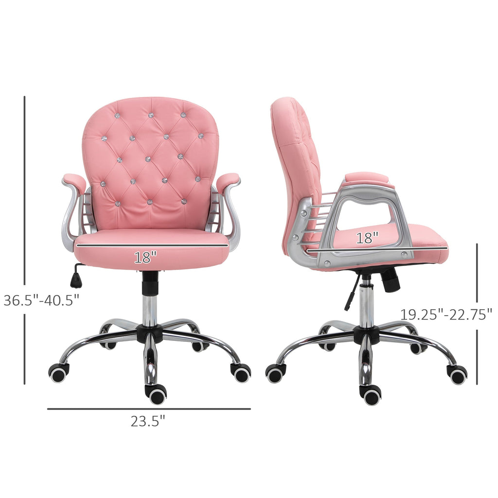 PU Leather Home Office Chair, Button Tufted Desk Chair with Padded Armrests, Adjustable Height and Swivel Wheels, Pink