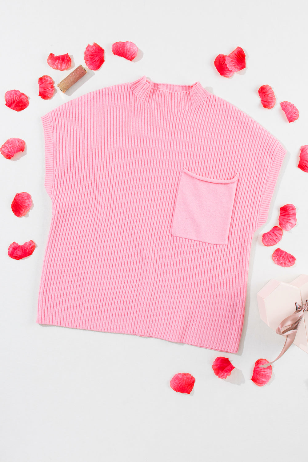 Solid Ribbed Knit Patch Pocket Short Sleeve Sweater