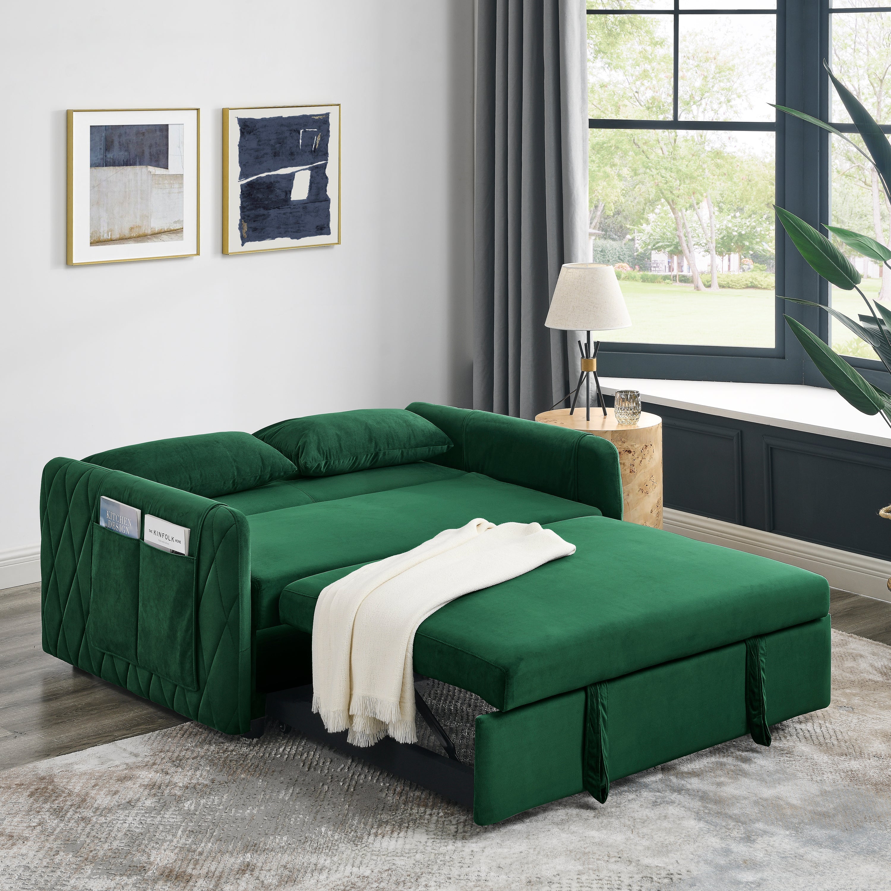 55' Modern Convertible Sofa Bed with 2 Detachable Arm Pockets, Velvet Loveseat Sofa with Pull Out Bed, 2 Pillows and Living Room Adjustable Backrest, Grid Design Armrests