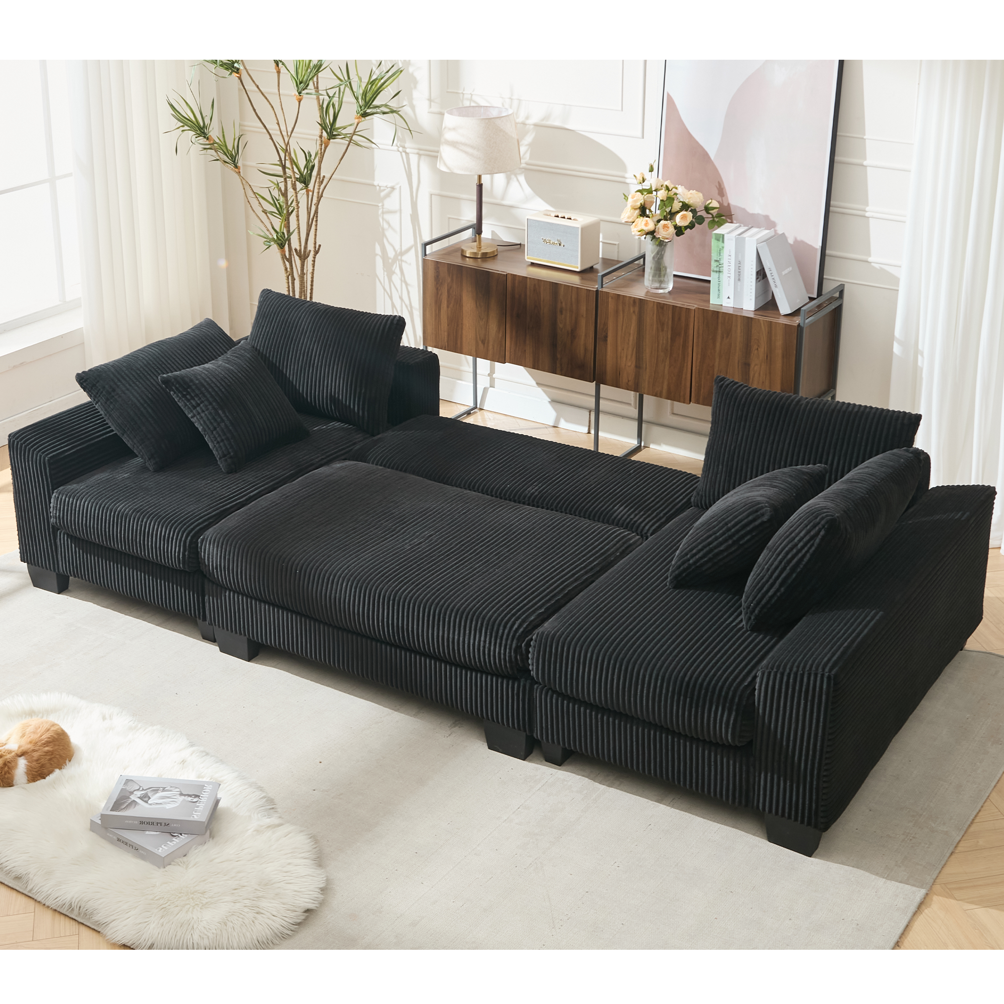 [NEW ARRIVED] [VIDEO PROVIDED]   114' Sleeper Sofa,U Shaped Sofa , Pull Out Bed,Convertible Oversize 2 in 1 Sleeper Sofa, Living Room,Upholstery Sofa Bed,Adjustable Sleeper Sofa,Corduroy,Black