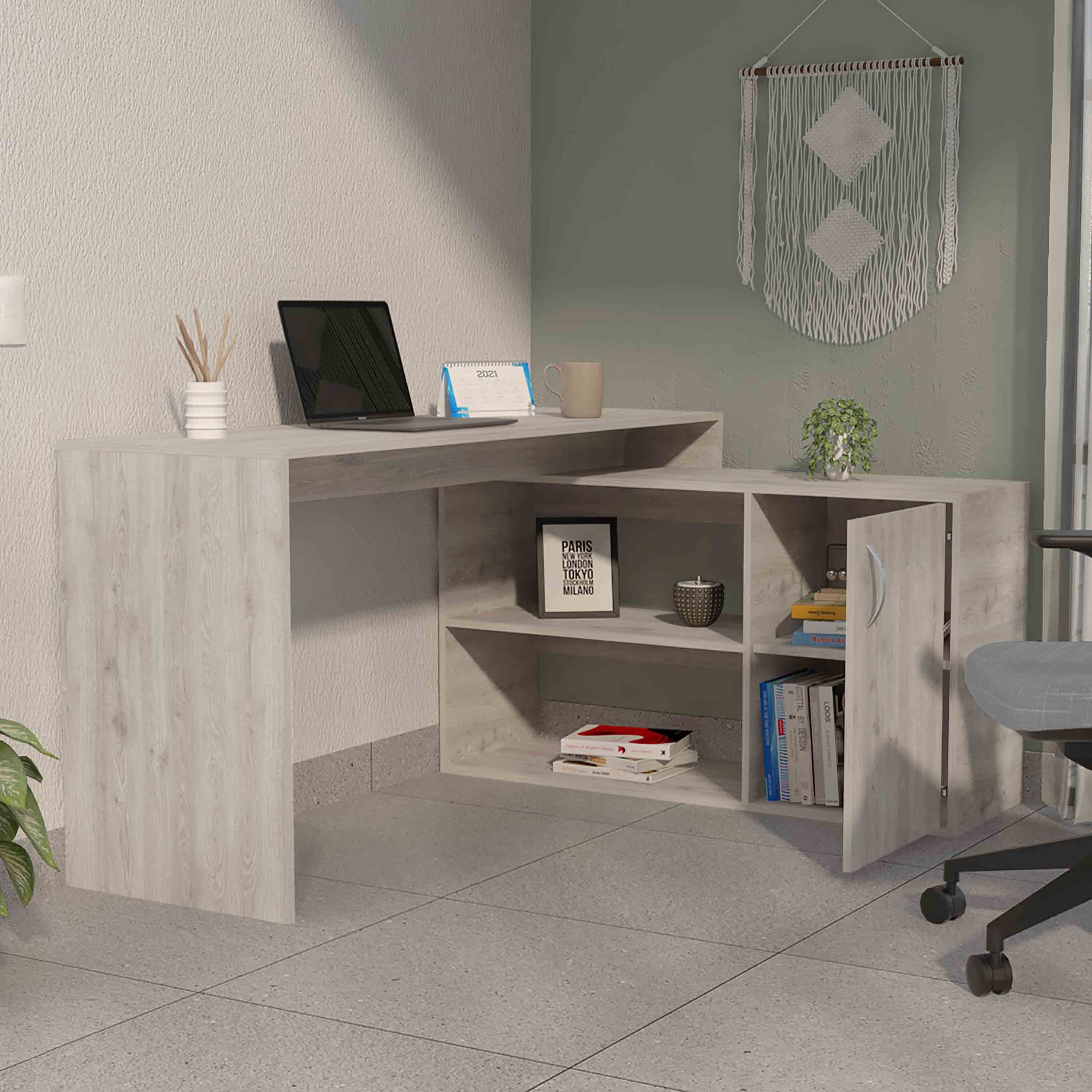 Antlia L-Shaped Writing Desk, Two Shelves, Single Door Cabinet