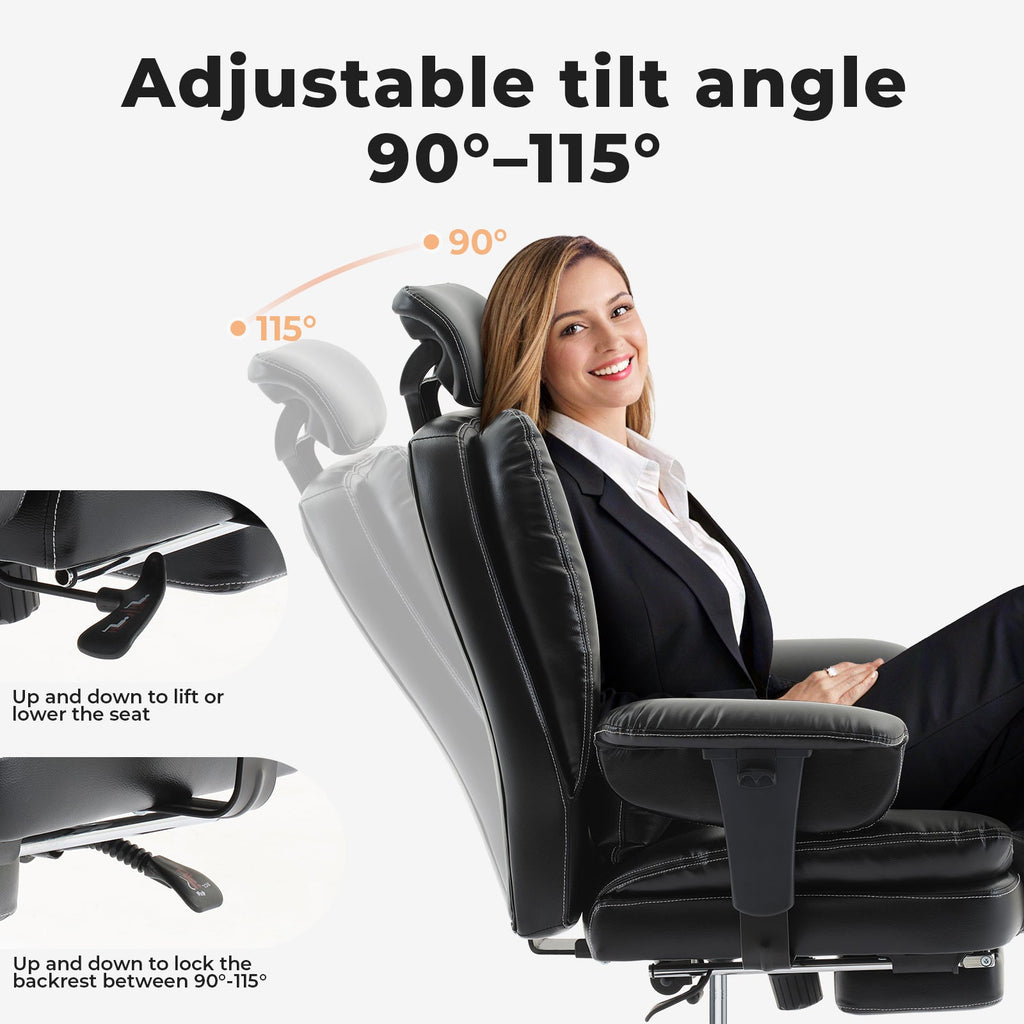 Office Chair Ergonomic 200 kg PU Leather Computer Chair with Lumbar Support and High Backrest, Ergonomic Desk Chair with Liftable Headrest, Black