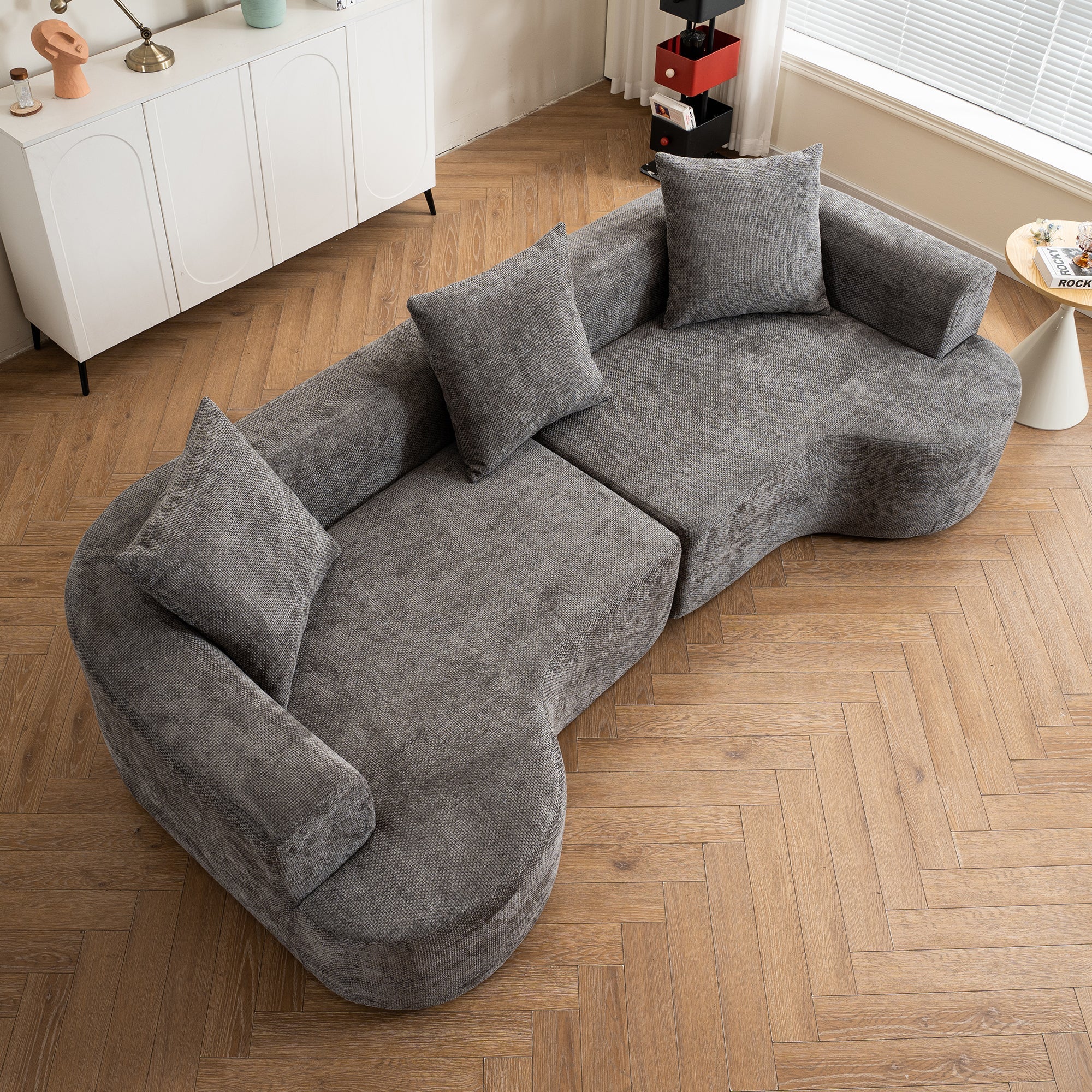 Modern Style Gray Curved Sofa, Soft Cushioned Corduroy Sofa with 3 Pillows, Living Room Cream White Super Smooth Curved Fabric Sofa