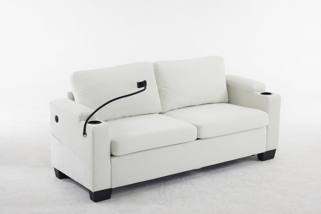 Pull-out sofa bed, chenille material, pull-out queen sofa bed, with USB charging, mobile phone holder, memory sofa, removable and washable cushions, suitable for living room, bedroom, apartment, white