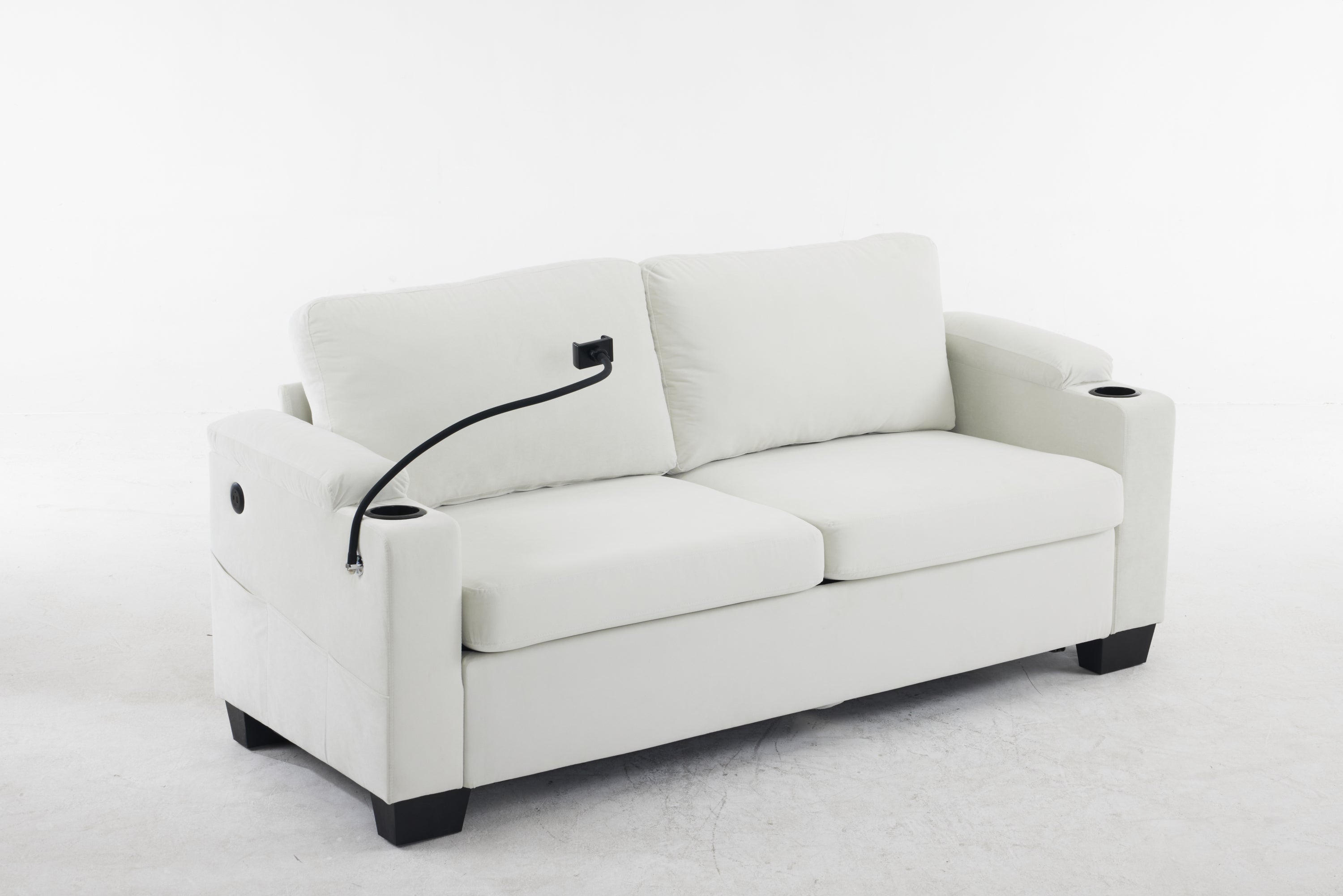 Pull-out sofa bed, chenille material, pull-out queen sofa bed, with USB charging, mobile phone holder, memory sofa, removable and washable cushions, suitable for living room, bedroom, apartment, white