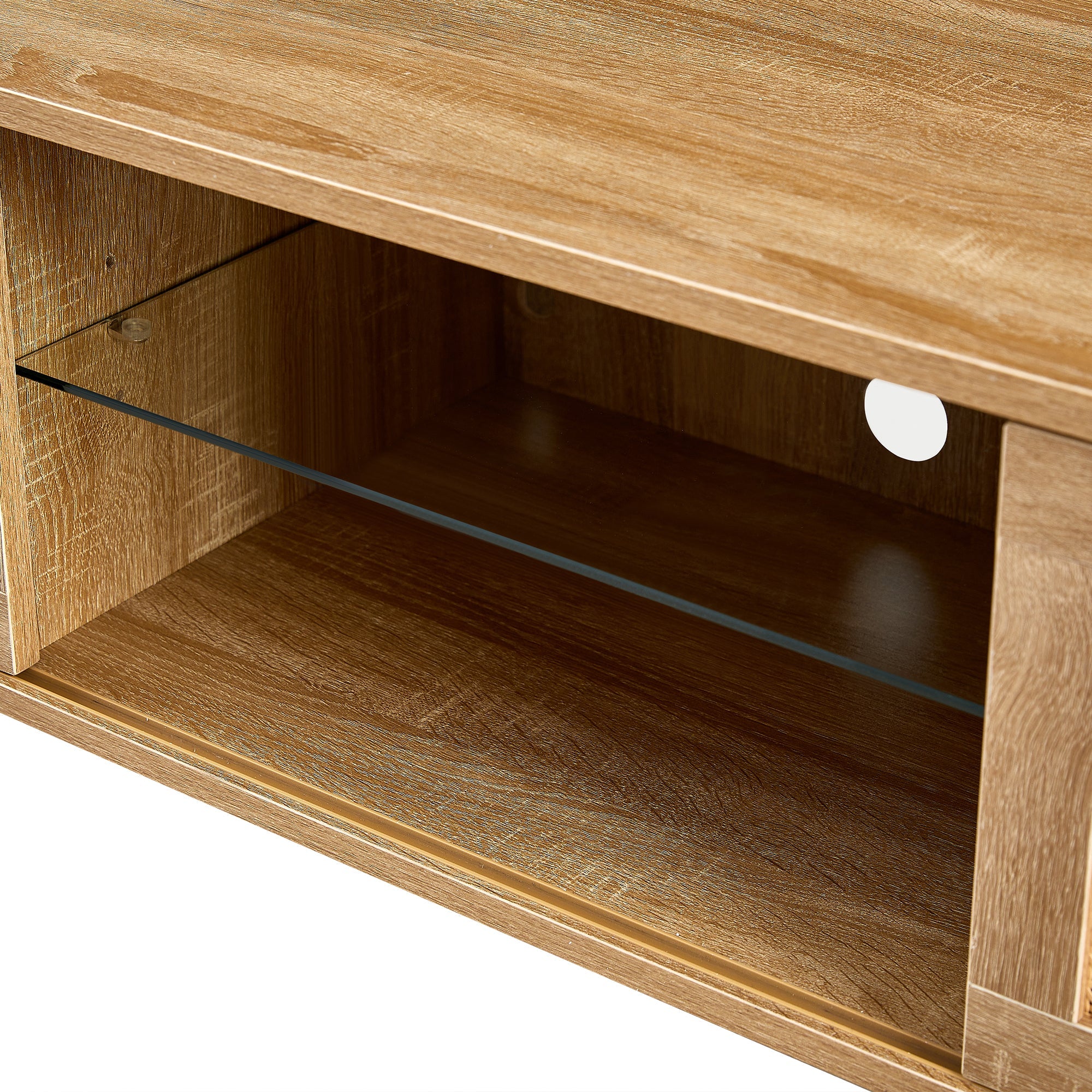 Natural Rattan TV Cabinet with Color Light Strip, Double Sliding Doors, Adjustable Shelf, Metal Legs, 54.33 Inches